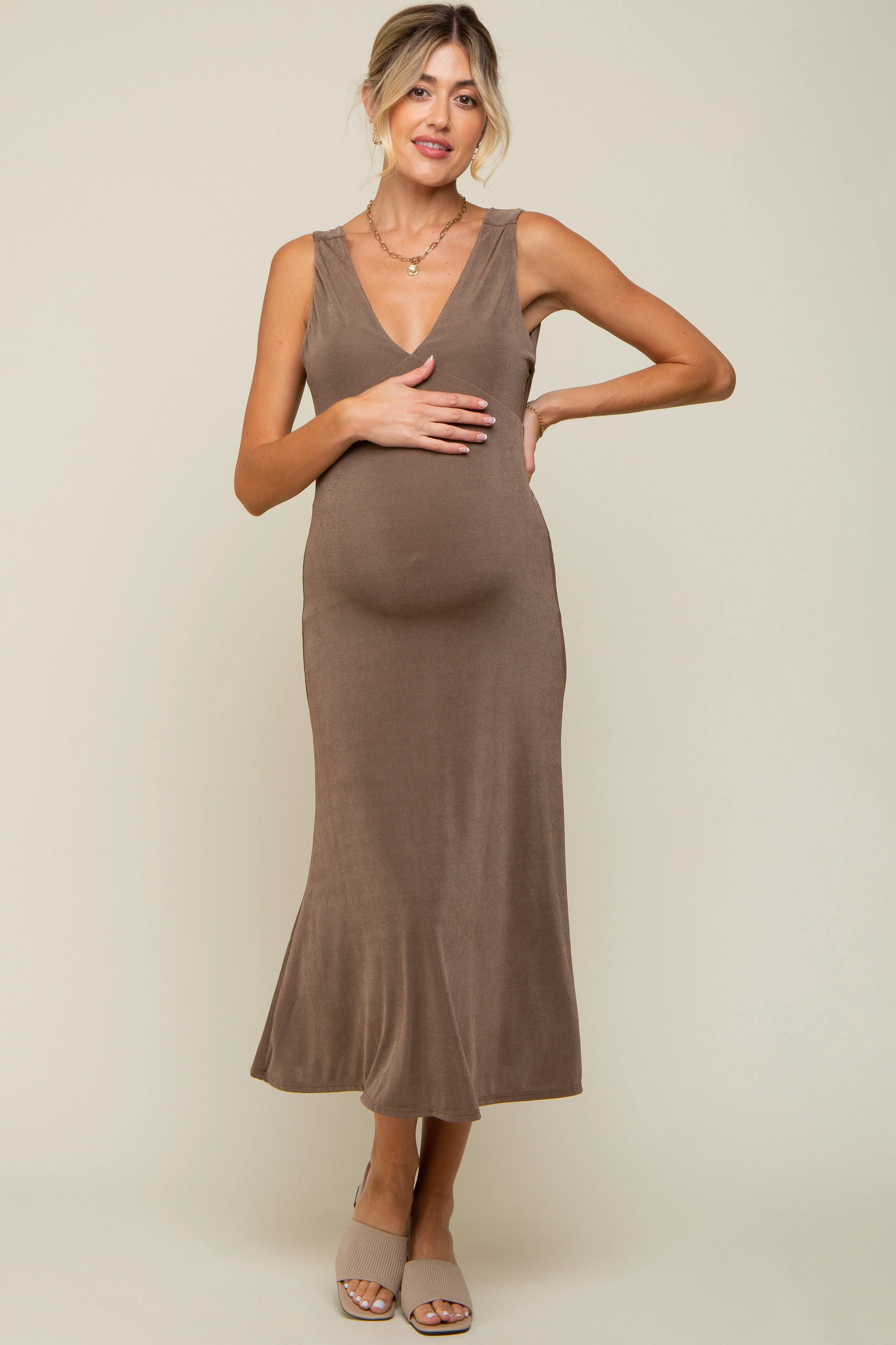 Mocha A-Line Draped Back Maternity Midi Dress sold by Pinkblush product image thumbnail 4