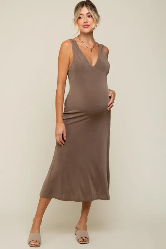 Mocha A-Line Draped Back Maternity Midi Dress sold by Pinkblush
