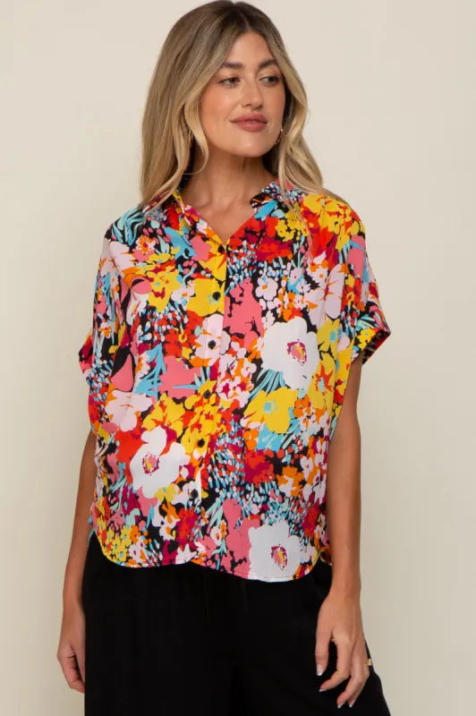 Black Abstract Floral Button Down Maternity Top sold by Pinkblush