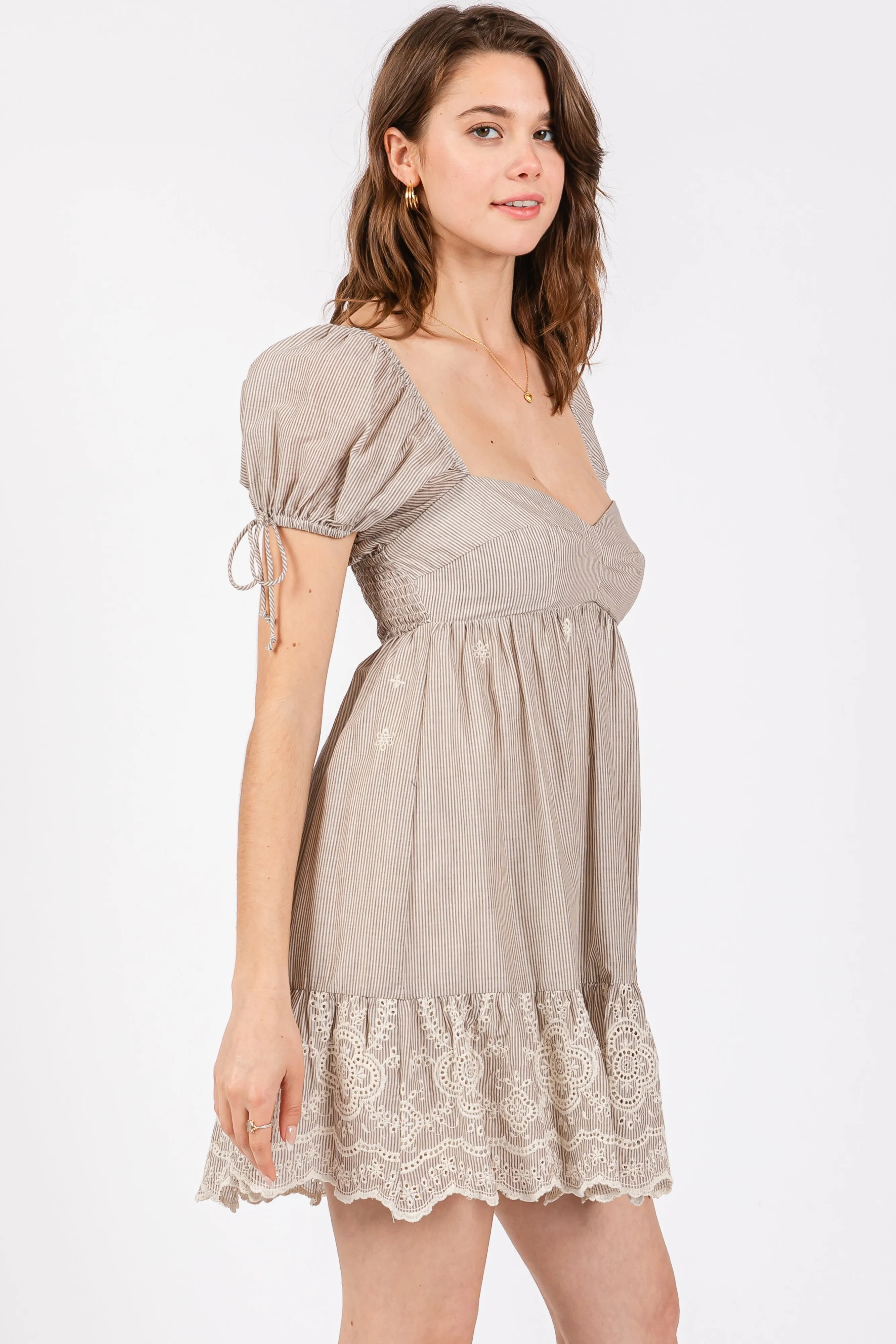 Beige Striped Floral Eyelet Mini Dress sold by Pinkblush product image thumbnail 2
