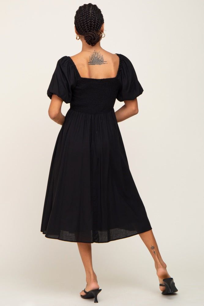 Black Smocked Puff Sleeve Midi Dress sold by Pinkblush product image thumbnail 3