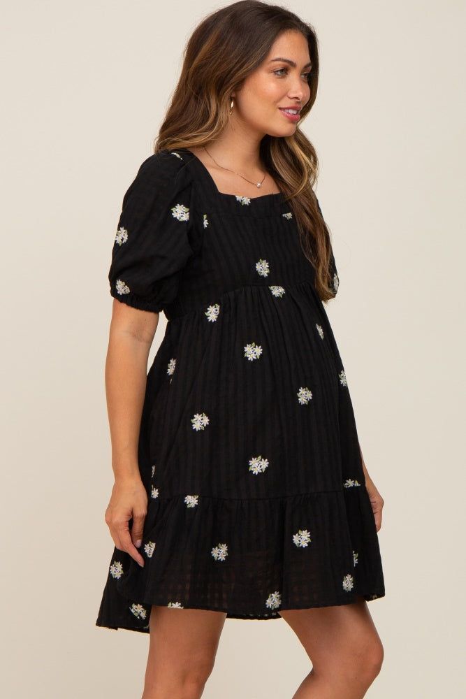 Black Floral Embroidered Puff Sleeve Maternity Dress sold by Pinkblush product image thumbnail 3