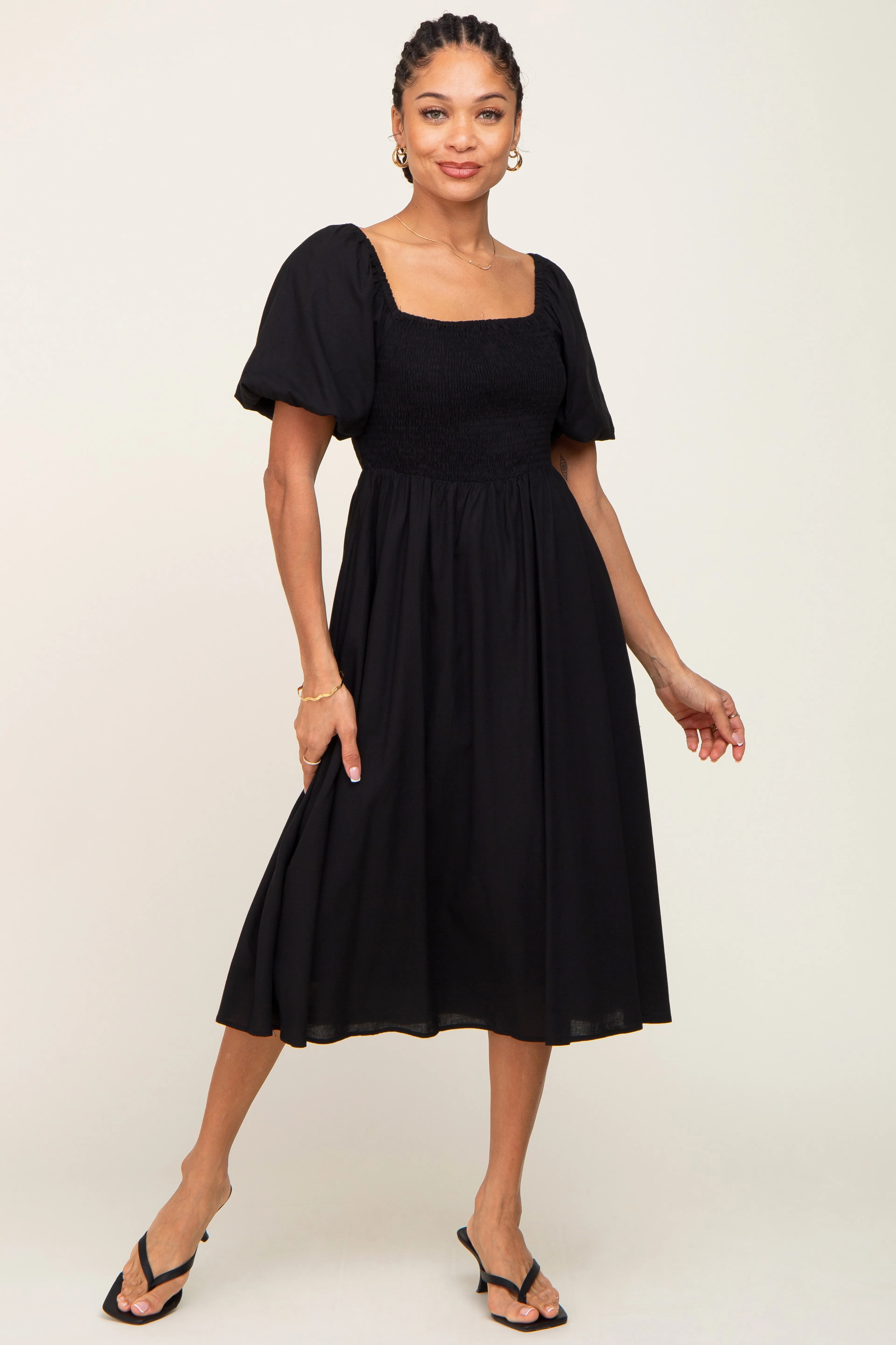 Black Smocked Puff Sleeve Midi Dress sold by Pinkblush product image thumbnail 4