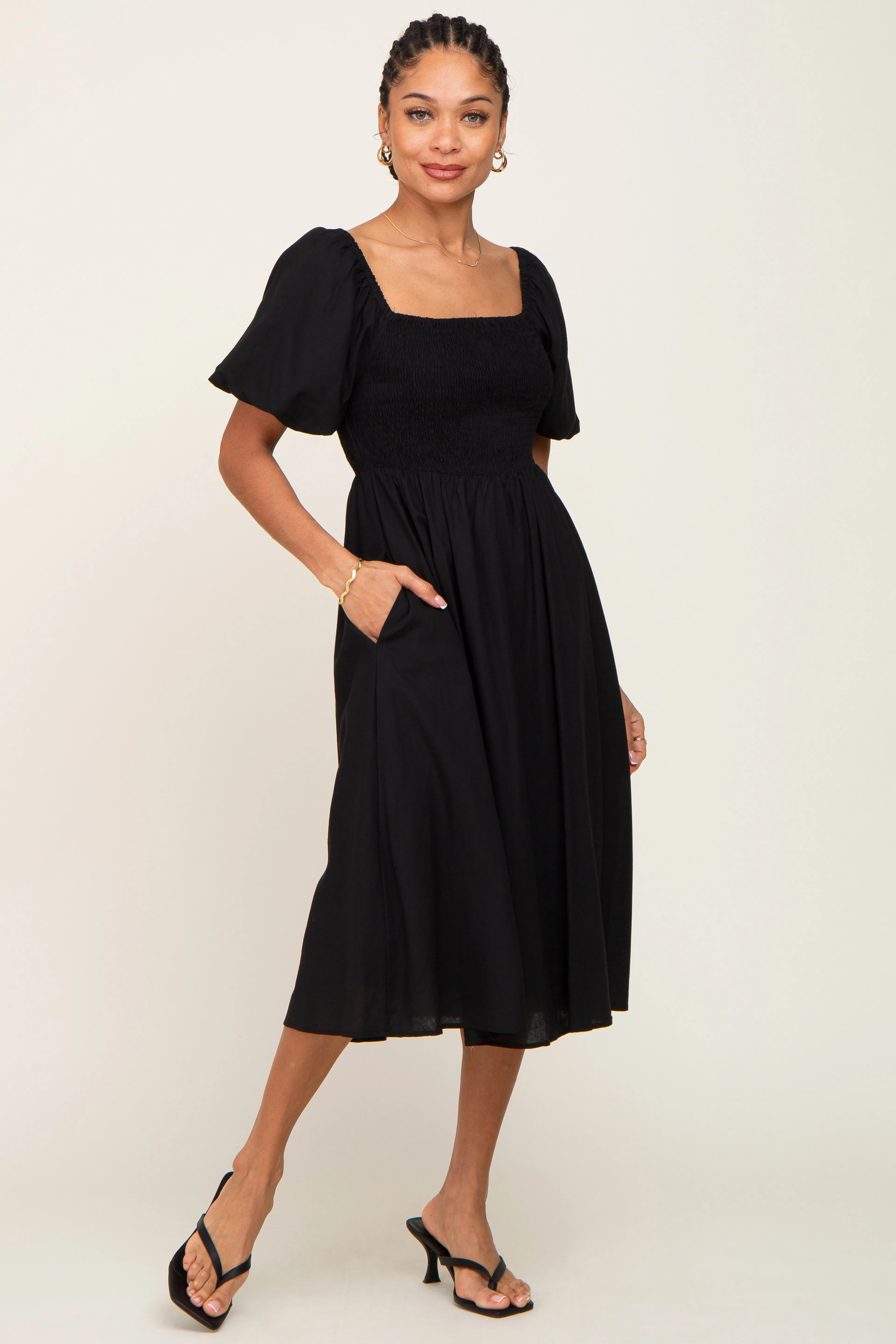 Black Smocked Puff Sleeve Midi Dress sold by Pinkblush