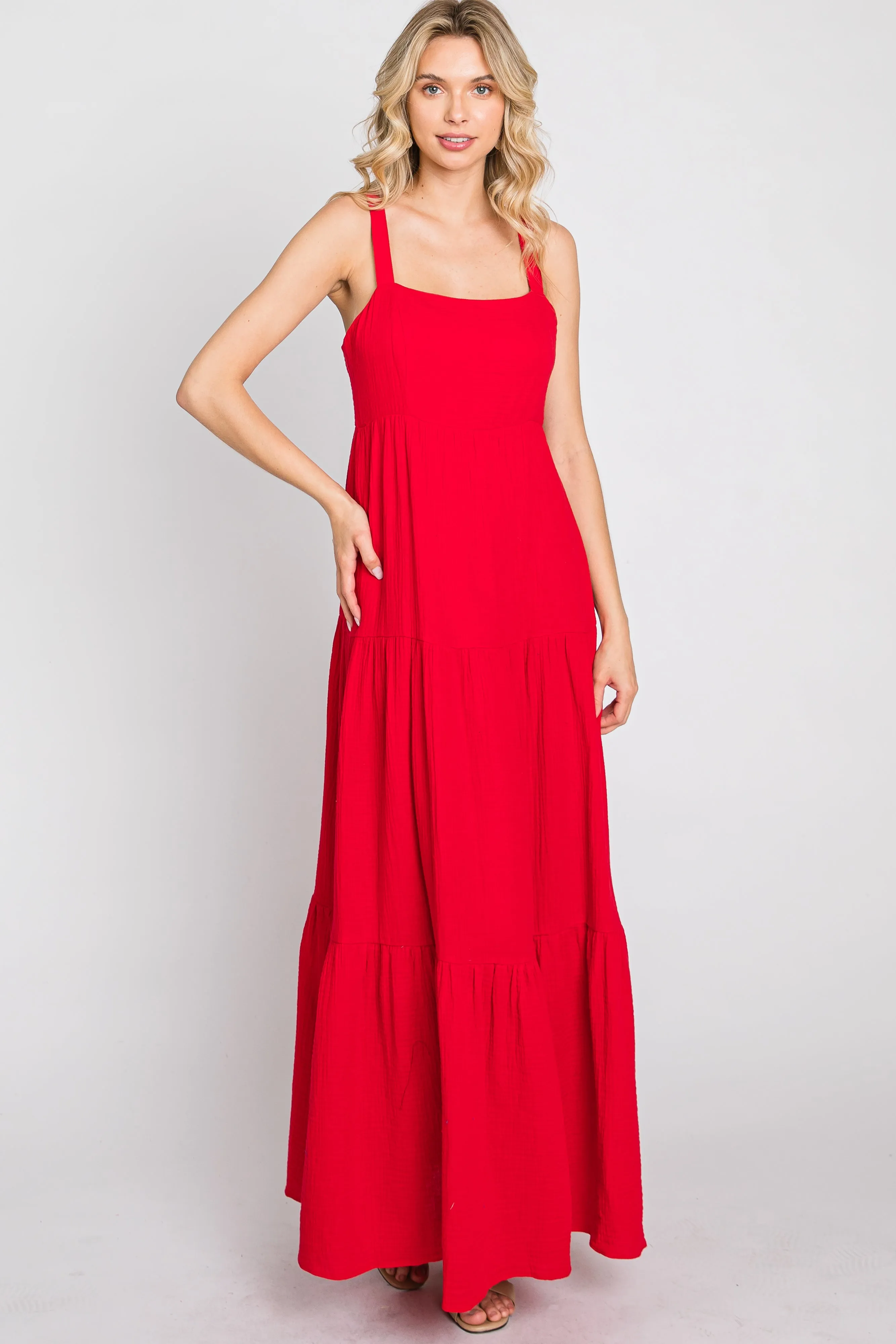 Red Sleeveless Ruffle Tiered Maxi Dress sold by Pinkblush product image thumbnail 4