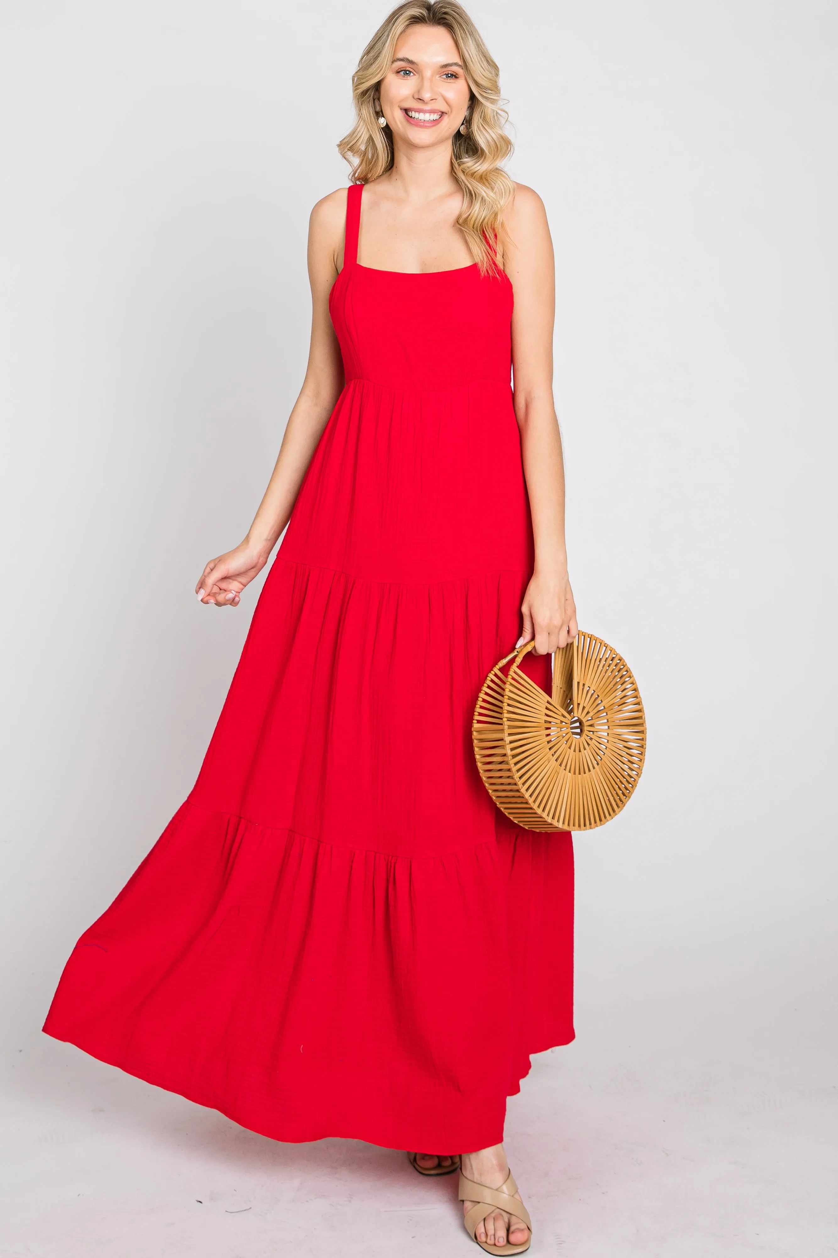 Red Sleeveless Ruffle Tiered Maxi Dress sold by Pinkblush