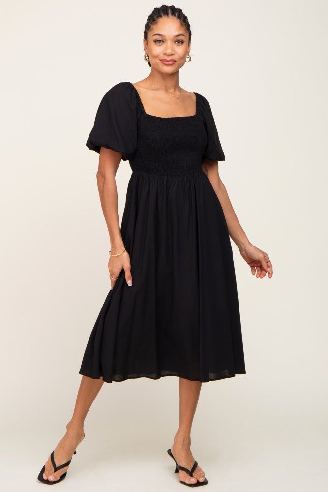Black Smocked Puff Sleeve Midi Dress sold by Pinkblush product image thumbnail 4