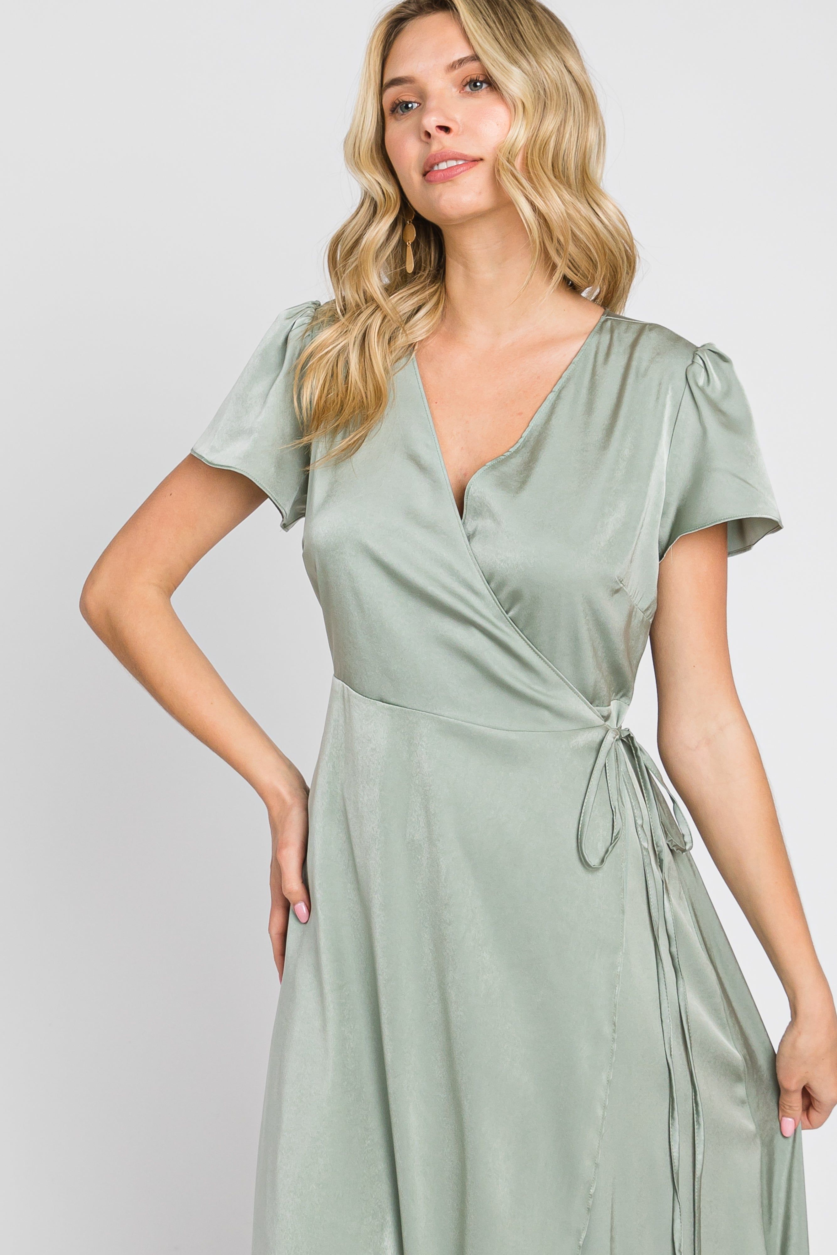 Sage Satin Hi-Lo Maxi Wrap Dress sold by Pinkblush product image thumbnail 4