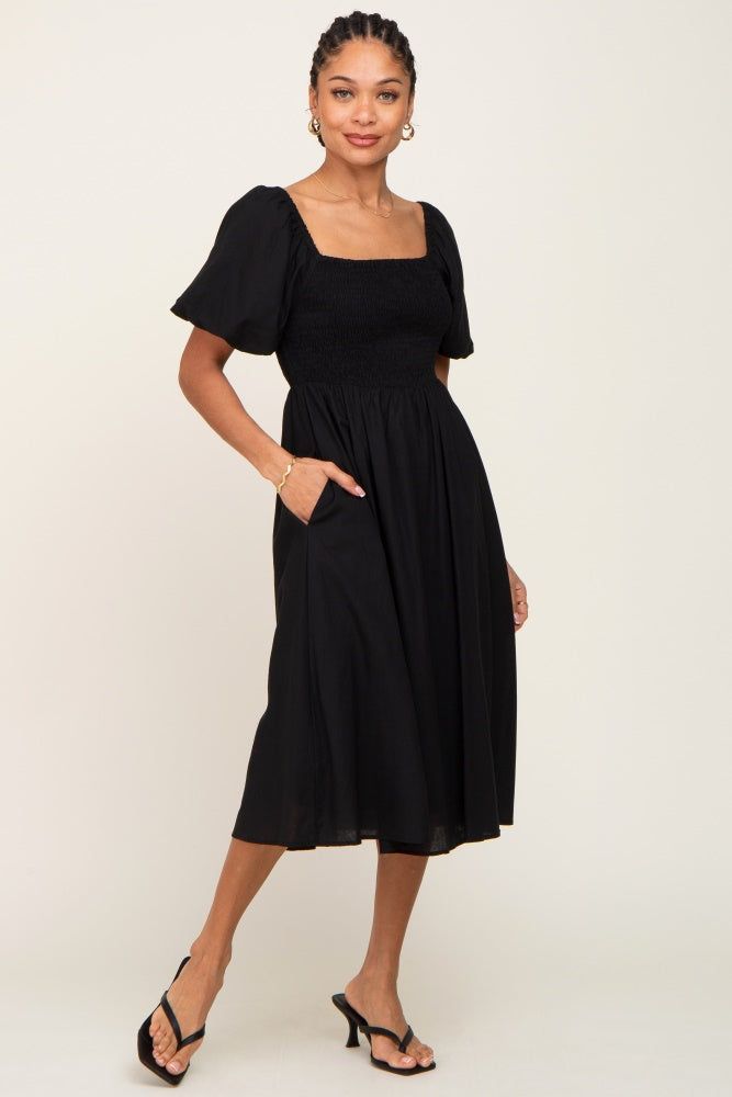 Black Smocked Puff Sleeve Midi Dress sold by Pinkblush