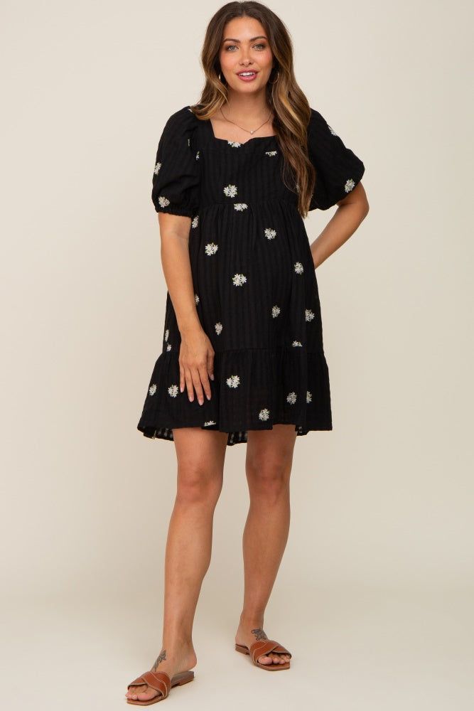 Black Floral Embroidered Puff Sleeve Maternity Dress sold by Pinkblush