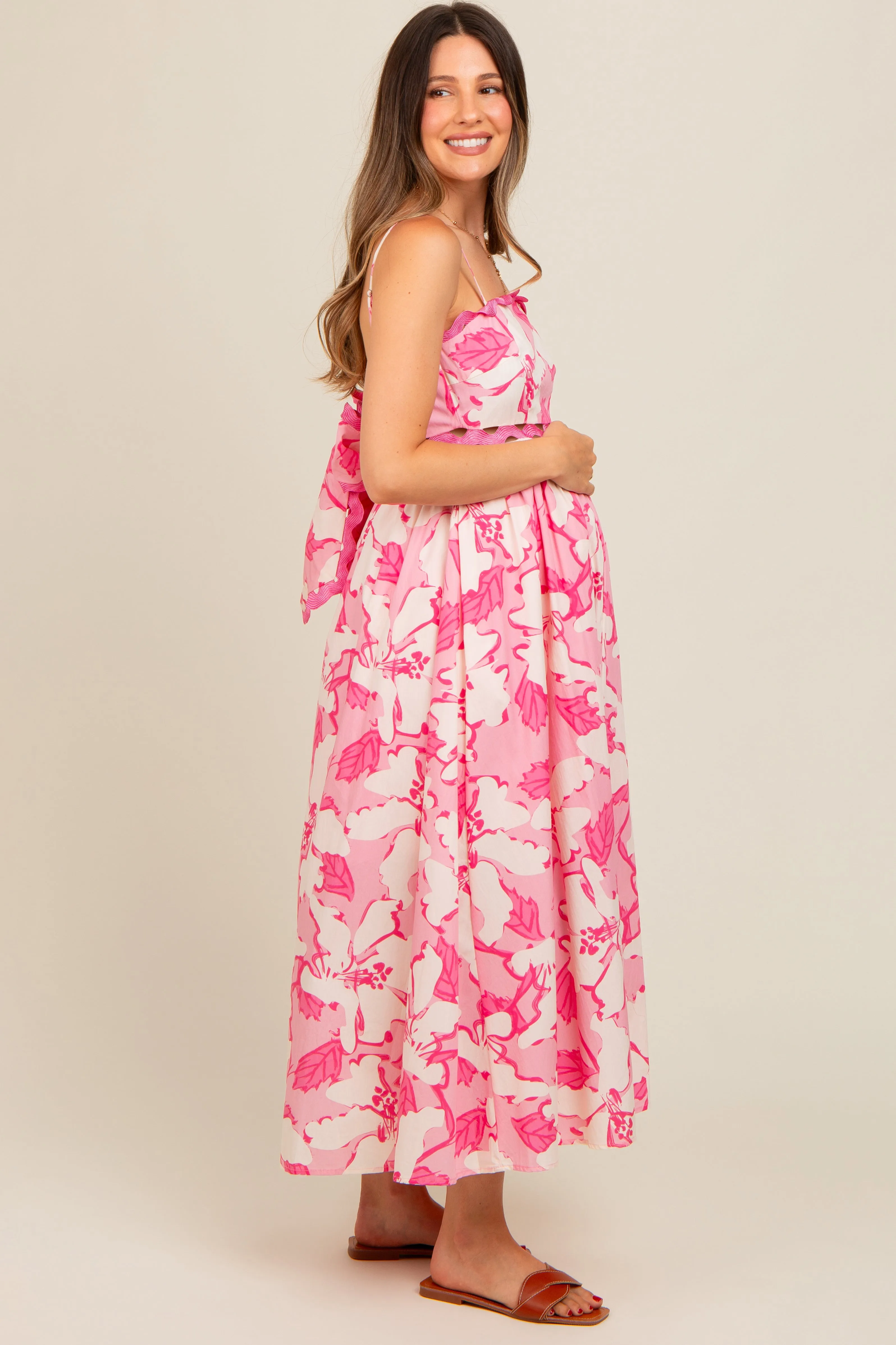 Pink Floral Wave Trim Back Tie Maternity Midi Dress sold by Pinkblush product image thumbnail 3