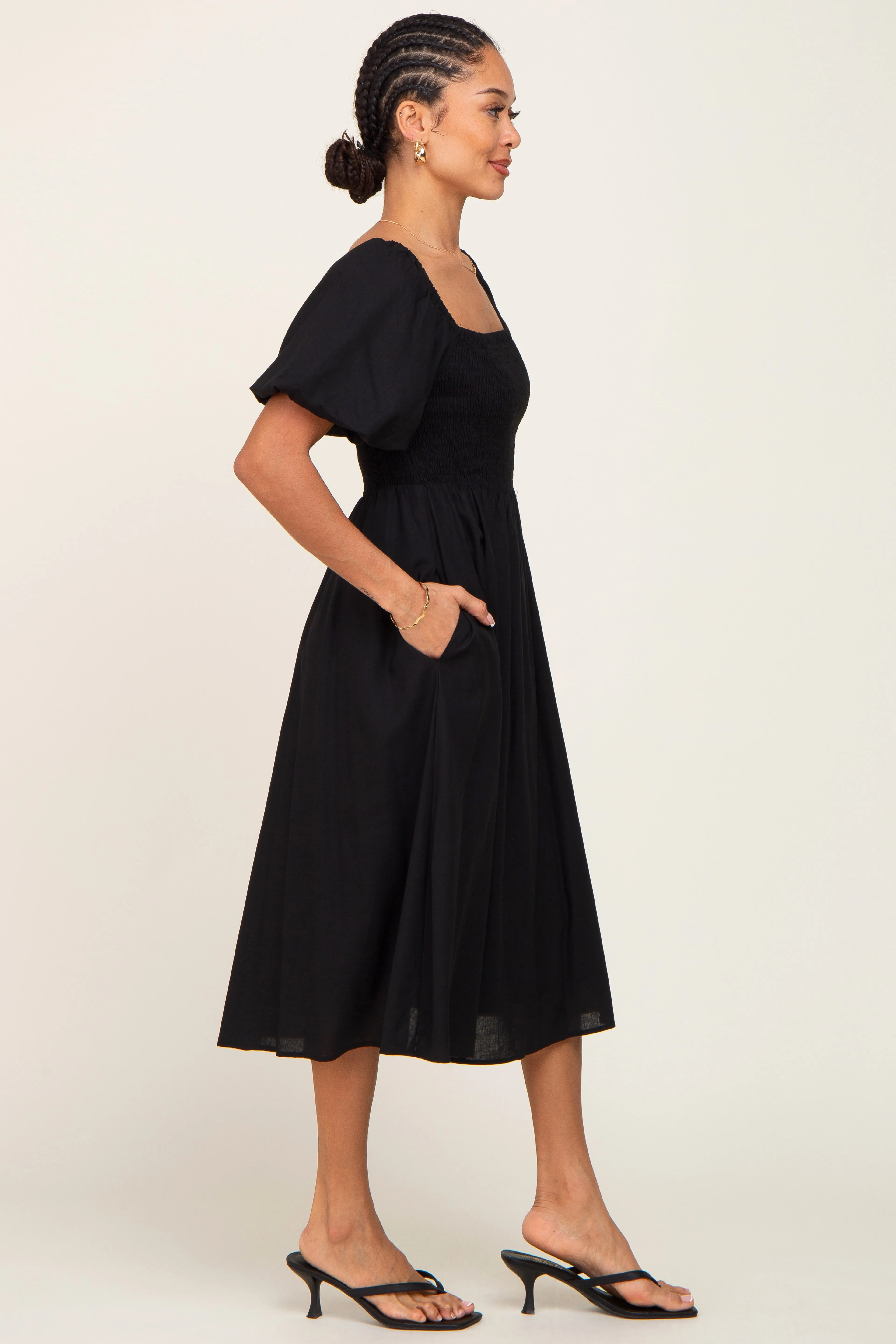 Black Smocked Puff Sleeve Midi Dress sold by Pinkblush product image thumbnail 2