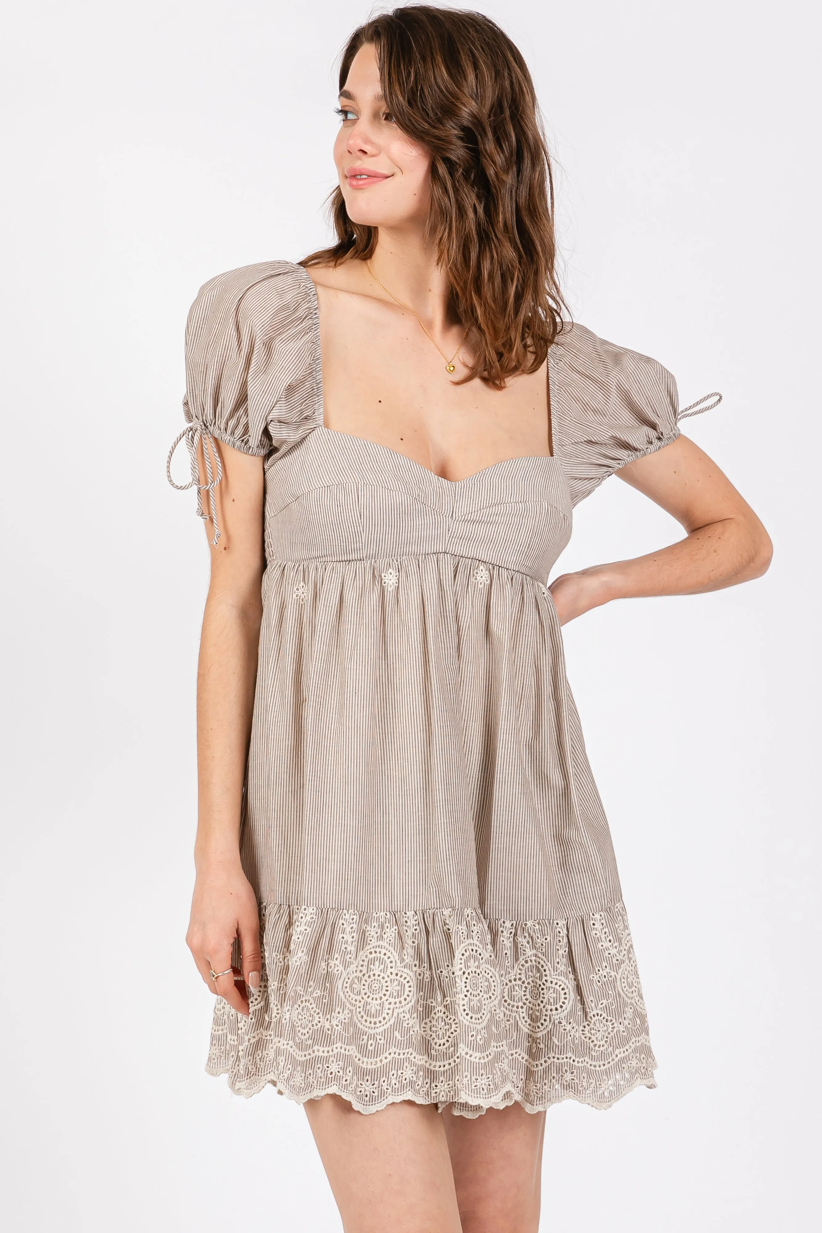 Beige Striped Floral Eyelet Mini Dress sold by Pinkblush
