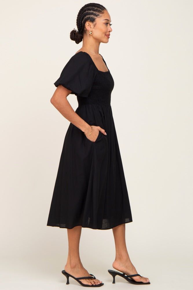 Black Smocked Puff Sleeve Midi Dress sold by Pinkblush product image thumbnail 2