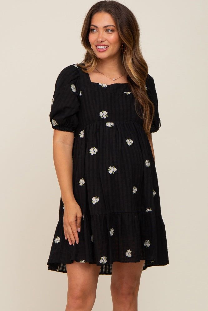 Black Floral Embroidered Puff Sleeve Maternity Dress sold by Pinkblush product image thumbnail 2