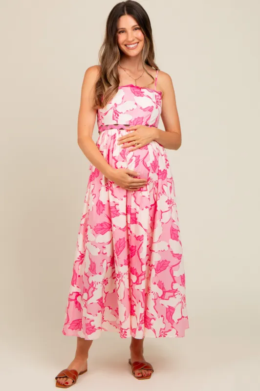 Pink Floral Wave Trim Back Tie Maternity Midi Dress sold by Pinkblush