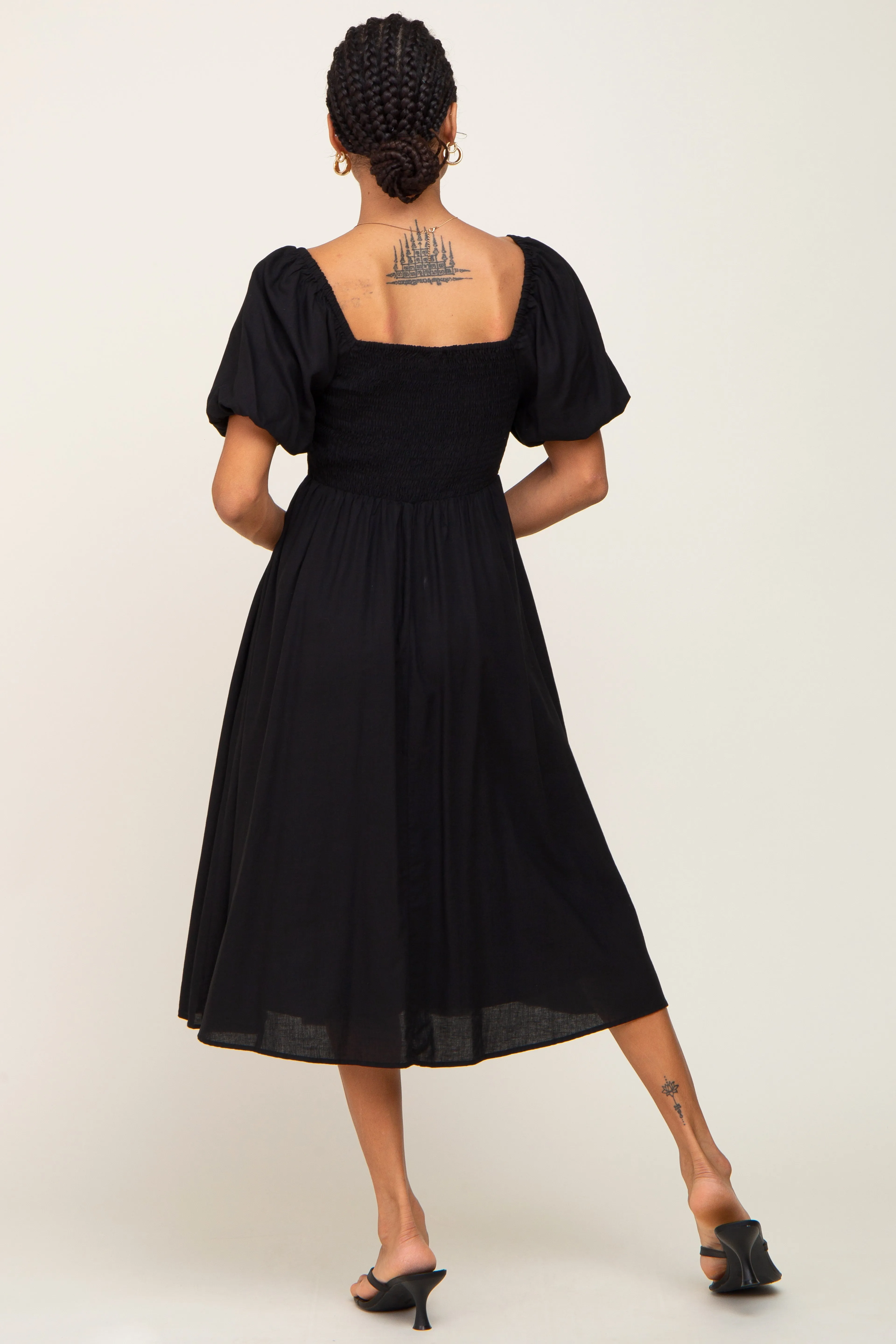 Black Smocked Puff Sleeve Midi Dress sold by Pinkblush product image thumbnail 3
