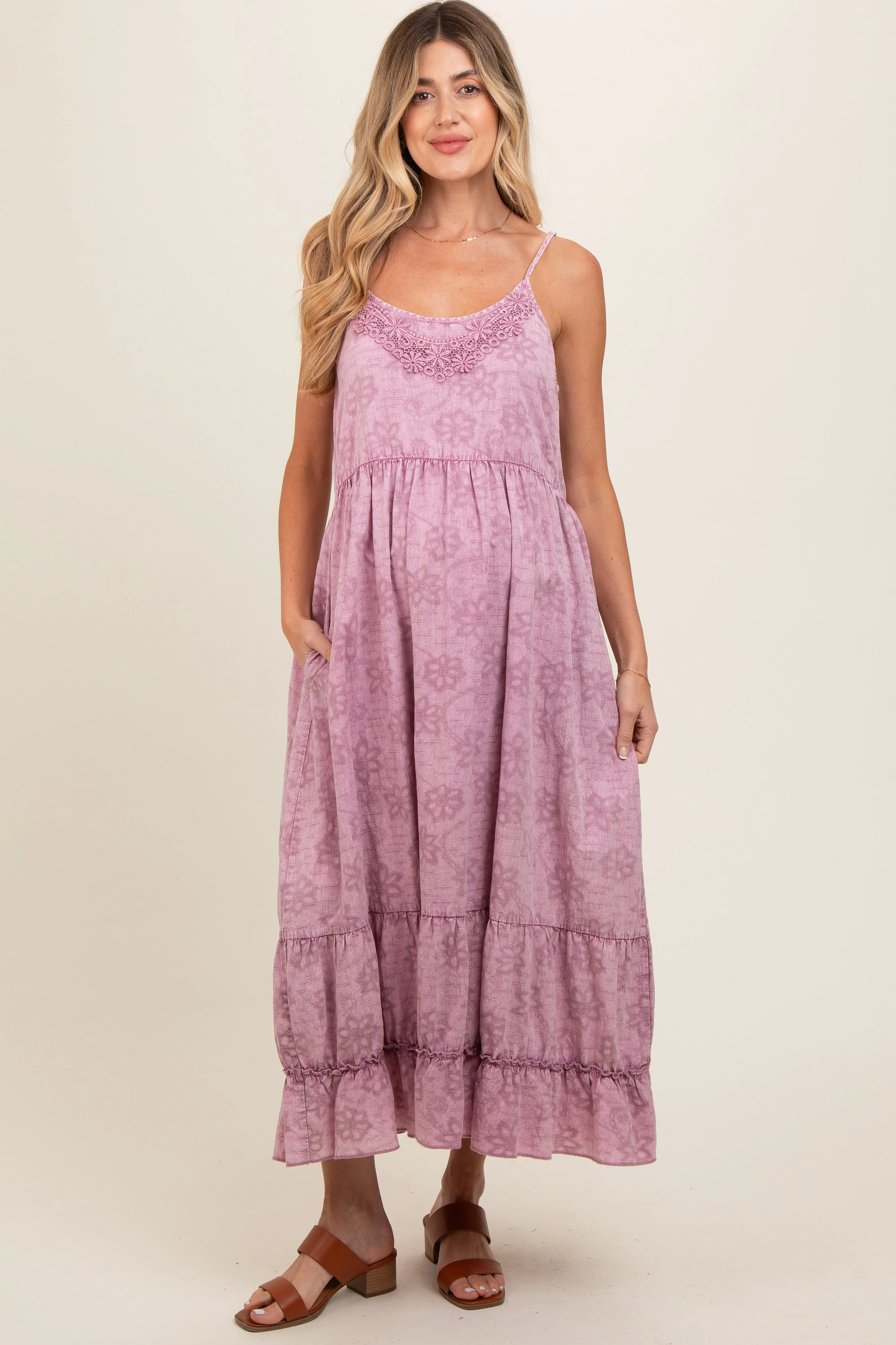 Mauve Embroidered Vintage Wash Maternity Midi Dress sold by Pinkblush