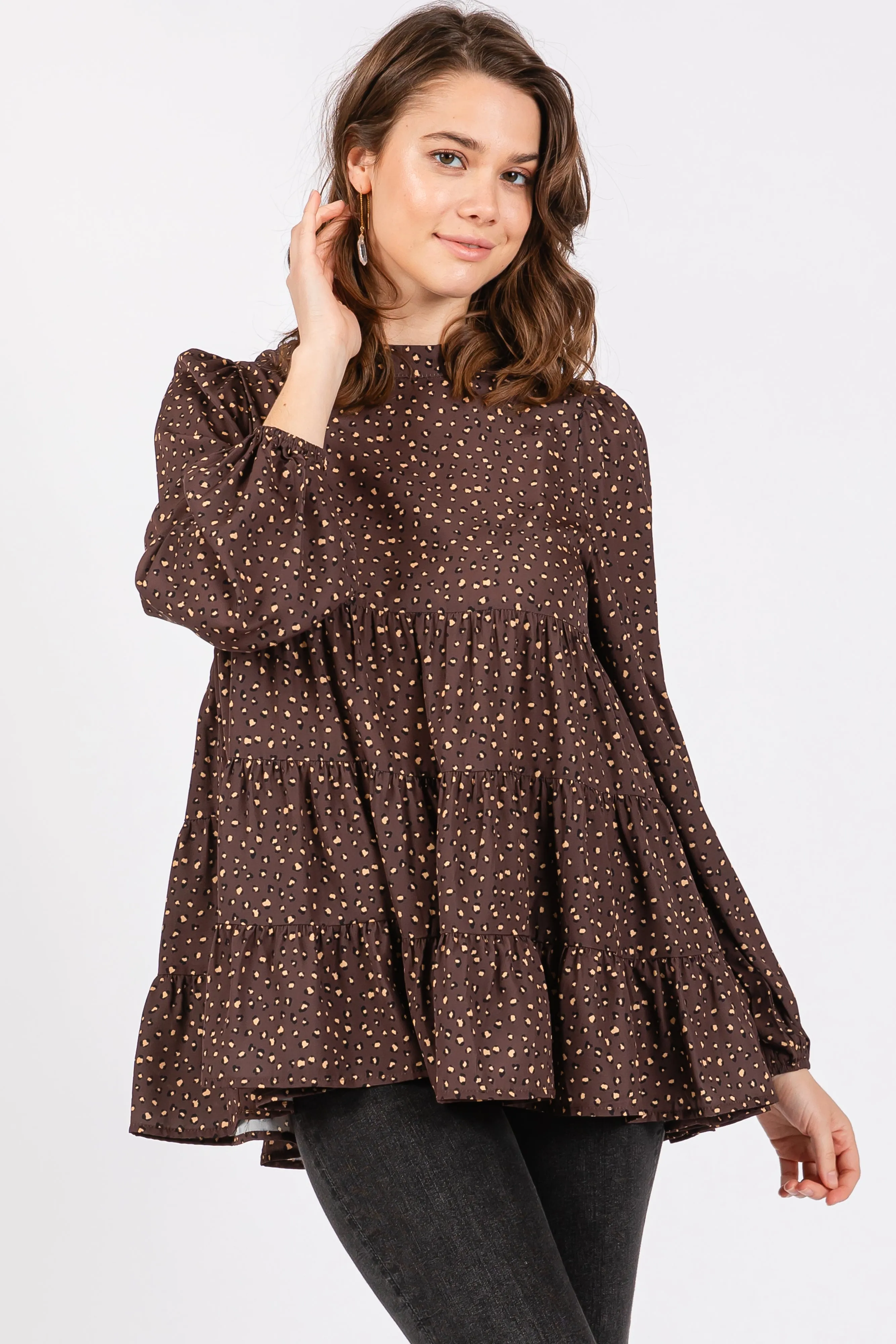 Brown Animal Print Mock Neck Tiered Top sold by Pinkblush