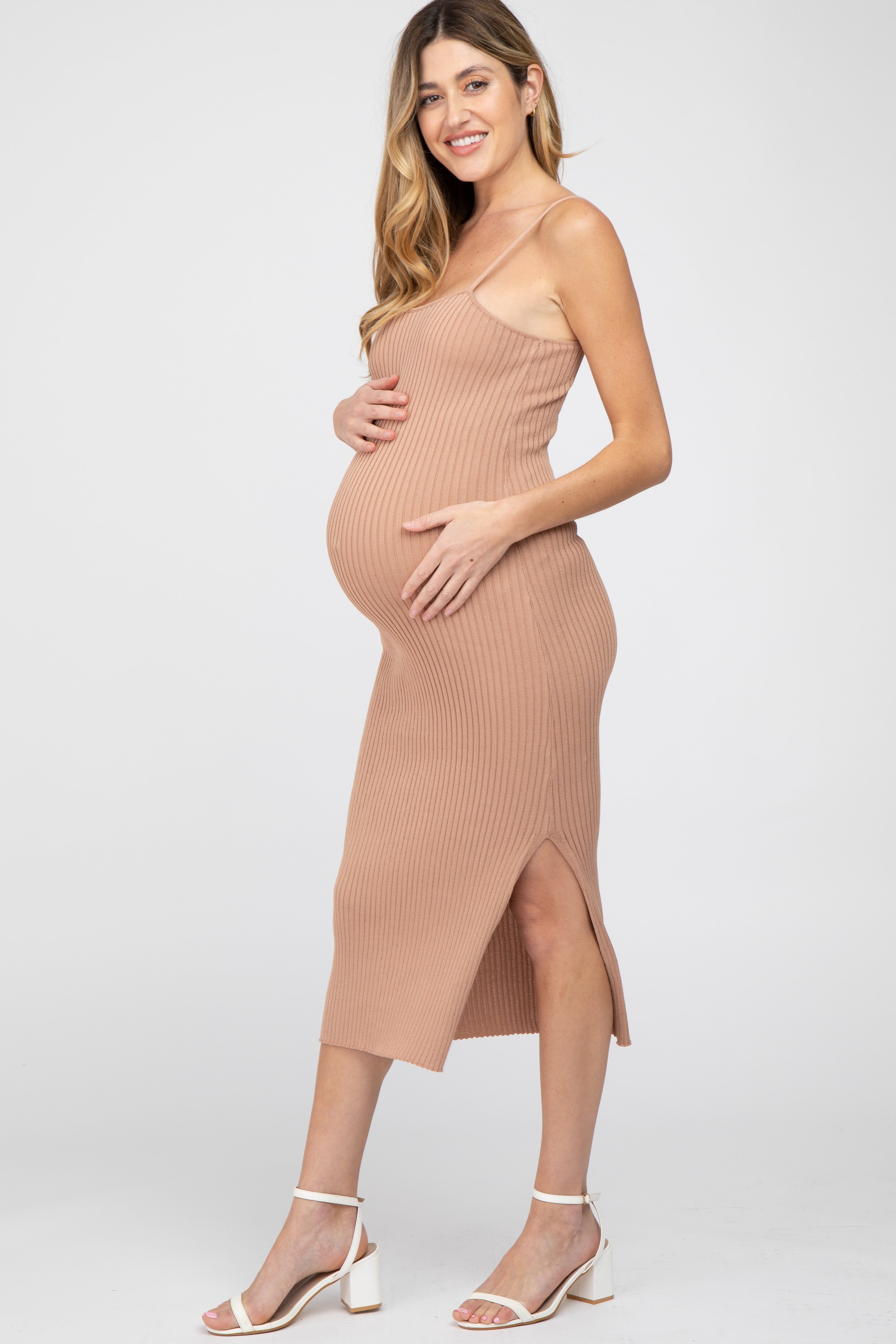 Mocha Ribbed Square Neck Side Slit Maternity Midi Dress sold by Pinkblush product image thumbnail 2