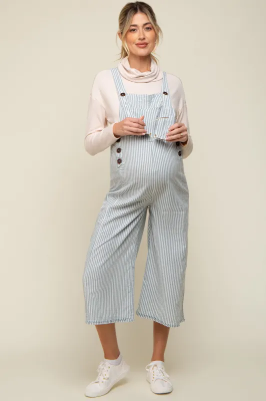 Blue Striped Crop Wide Leg Linen Maternity Overalls sold by Pinkblush