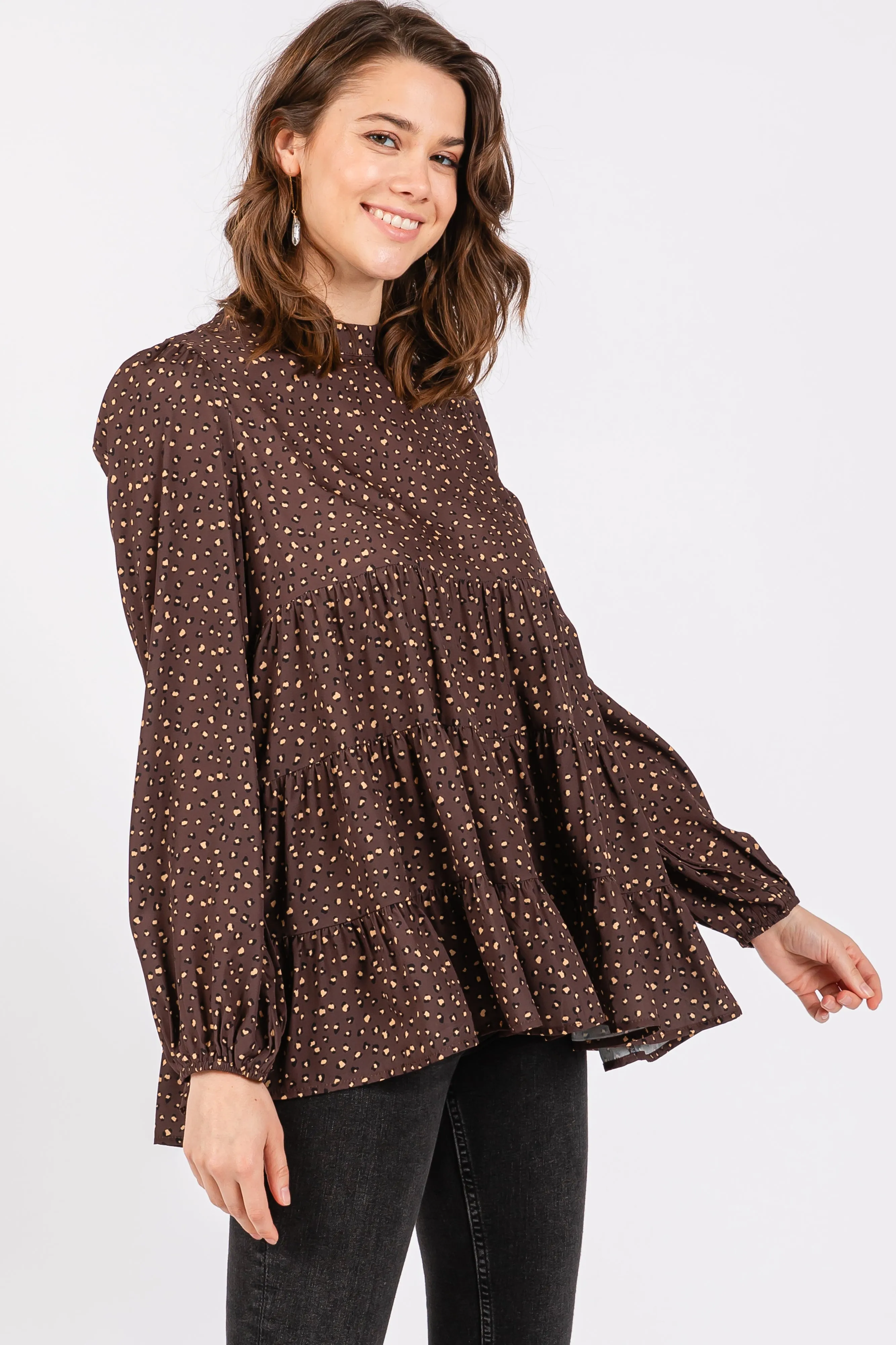 Brown Animal Print Mock Neck Tiered Top sold by Pinkblush product image thumbnail 2