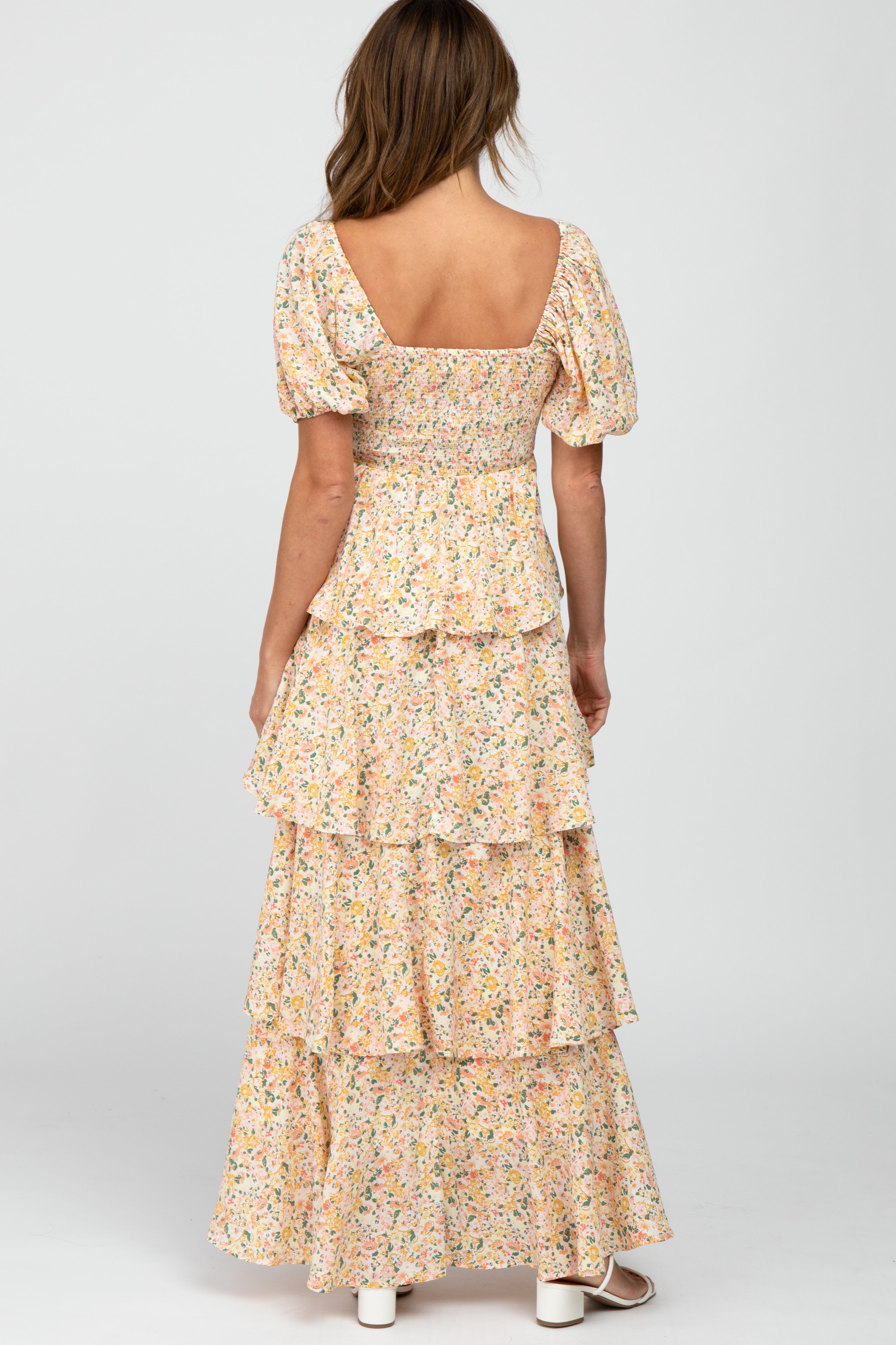 Yellow Floral Square Neck Ruffle Layered Maxi Dress sold by Pinkblush product image thumbnail 4