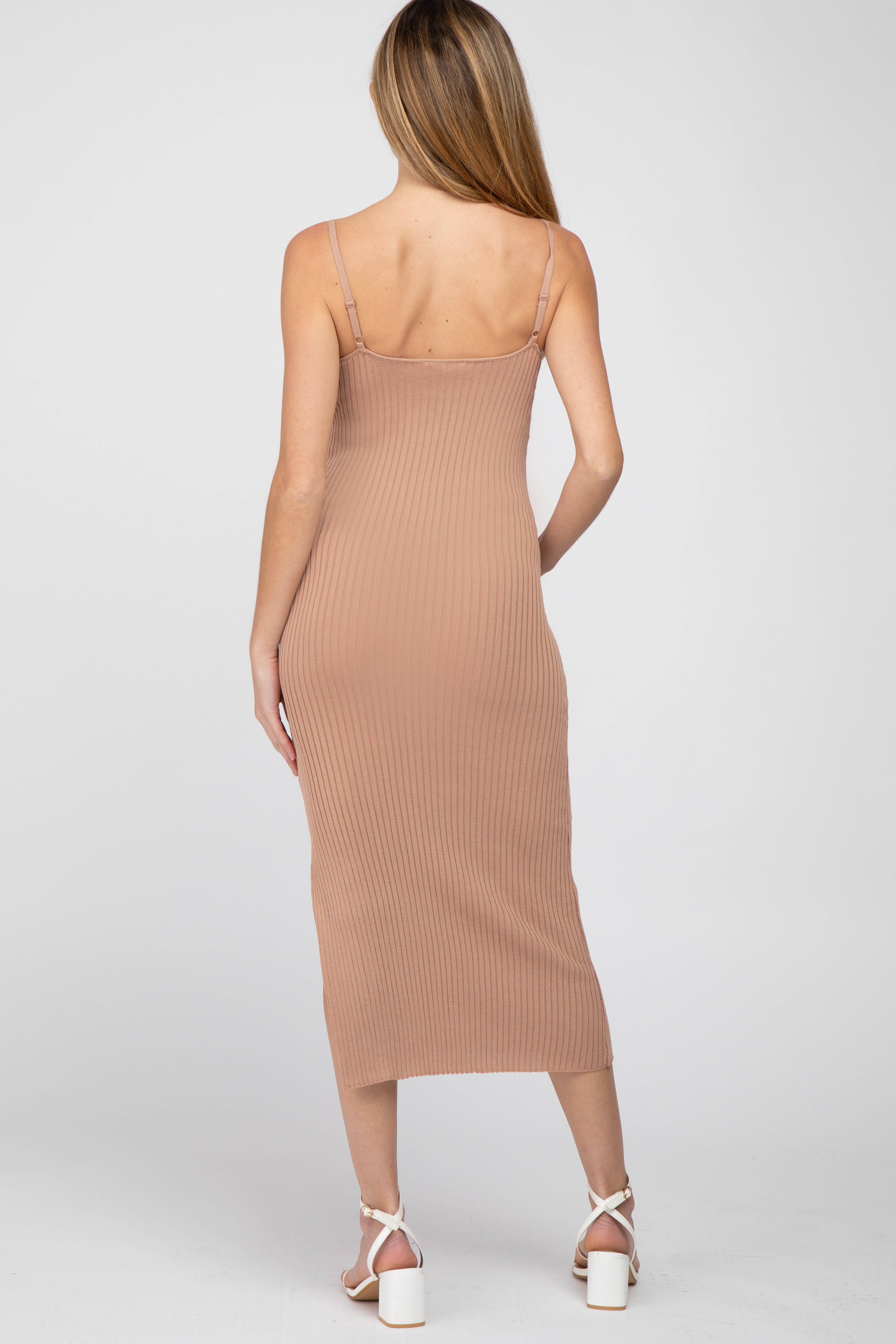 Mocha Ribbed Square Neck Side Slit Maternity Midi Dress sold by Pinkblush product image thumbnail 3