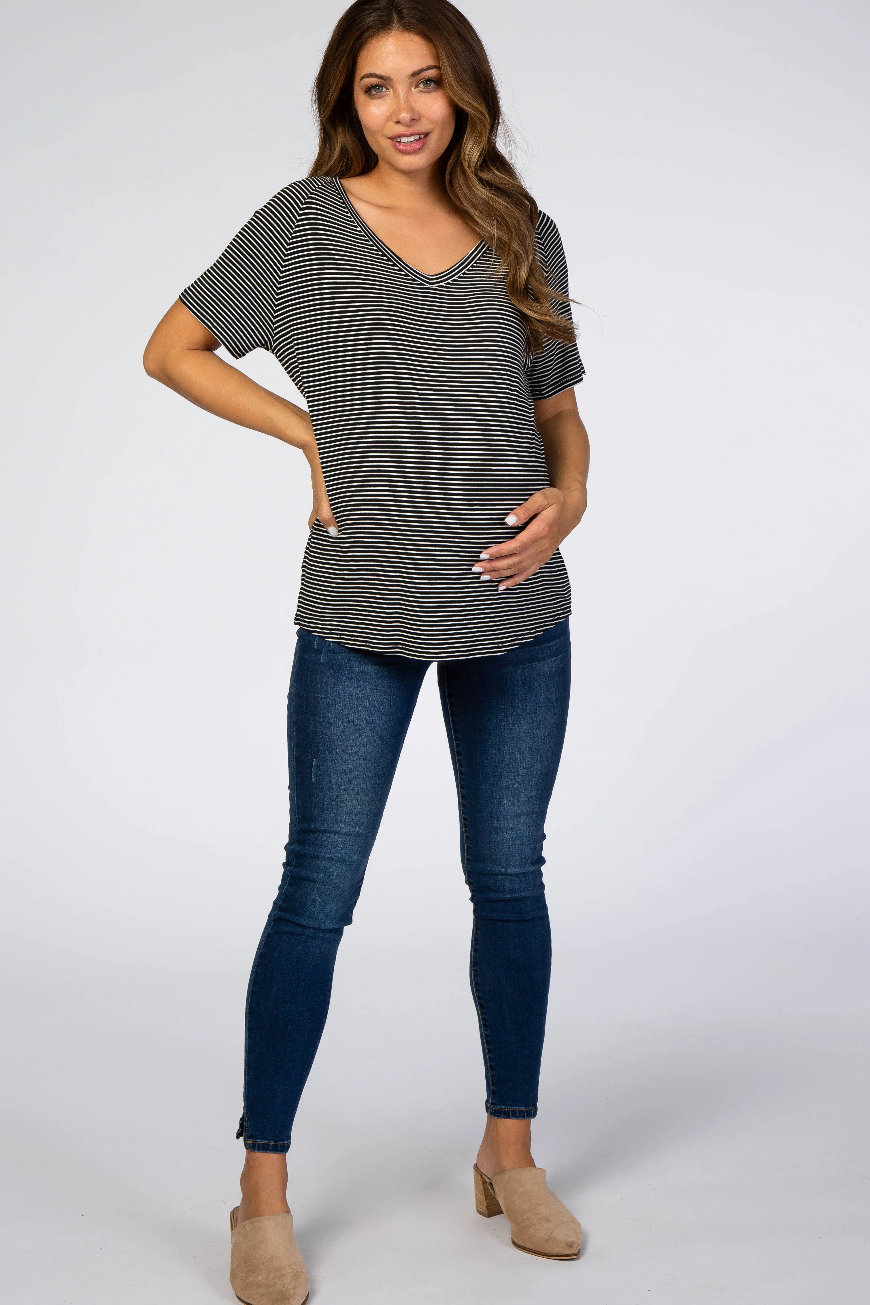 Black Striped V-Neck Maternity Short Sleeve Top sold by Pinkblush