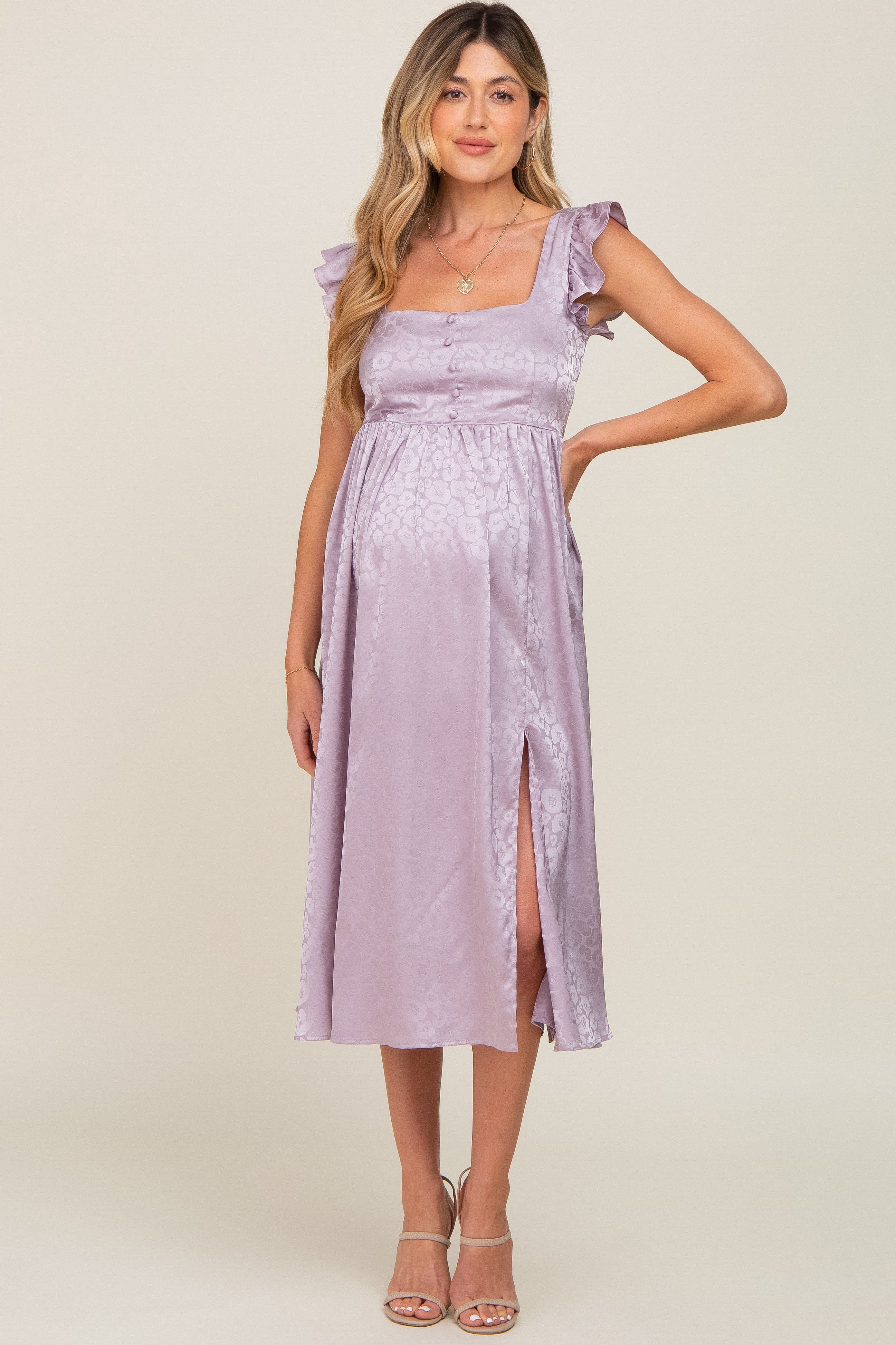 Lavender Satin Floral Square Neck Ruffle Strap Maternity Midi Dress sold by Pinkblush product image thumbnail 4
