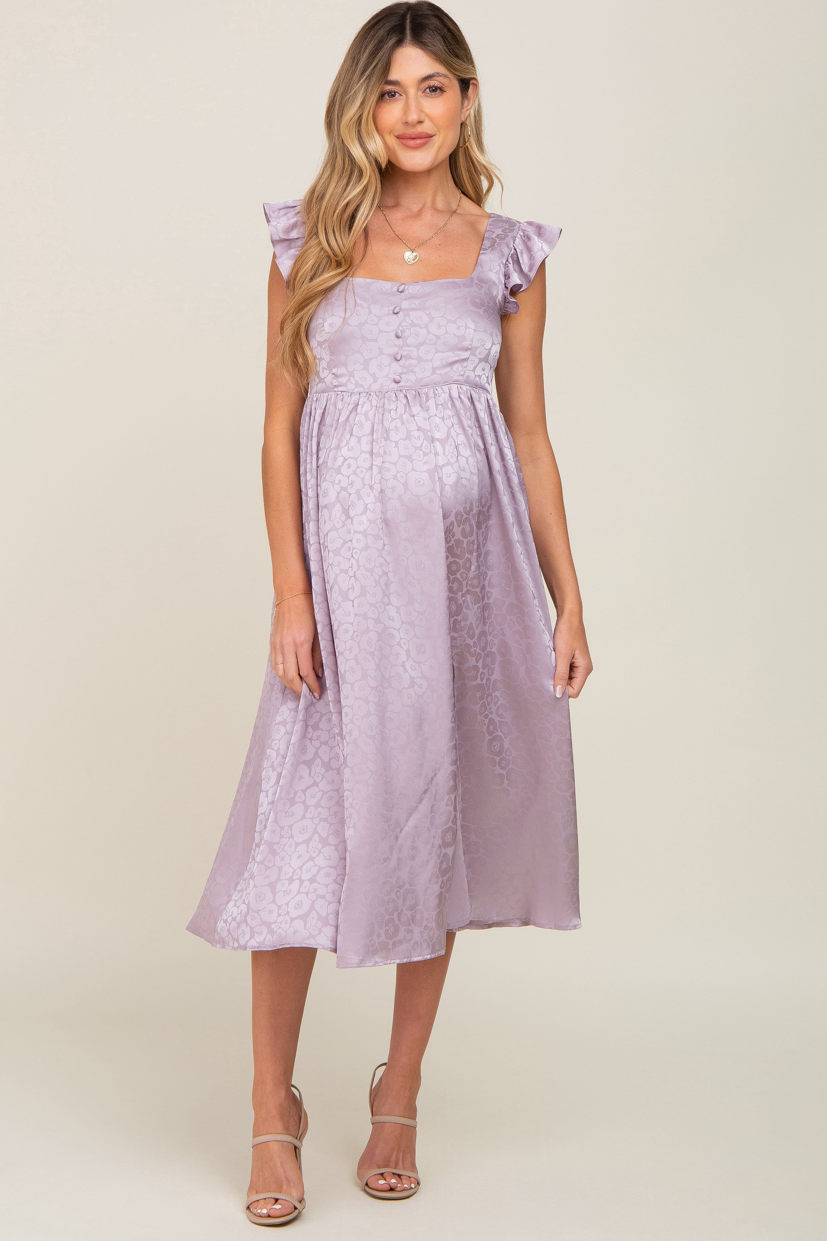 Lavender Satin Floral Square Neck Ruffle Strap Maternity Midi Dress sold by Pinkblush