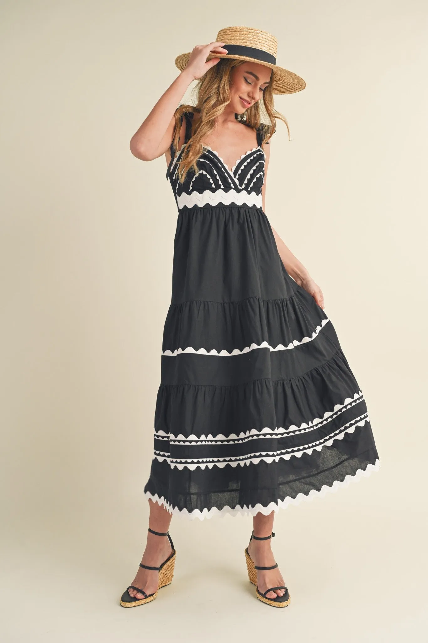 Black Tiered Trim Midi Dress sold by Pinkblush