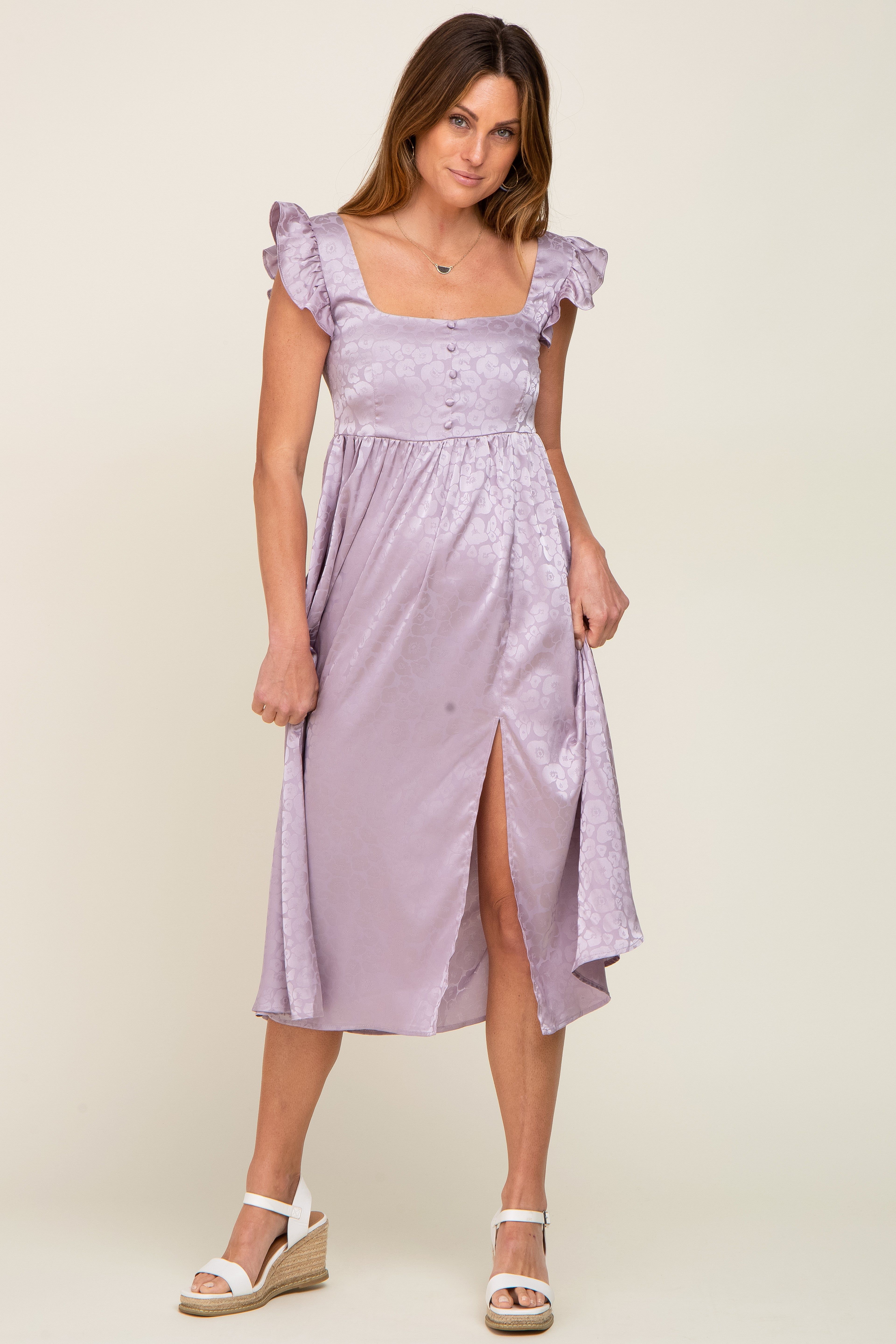 Lavender Satin Floral Square Neck Ruffle Strap Maternity Midi Dress sold by Pinkblush product image thumbnail 5