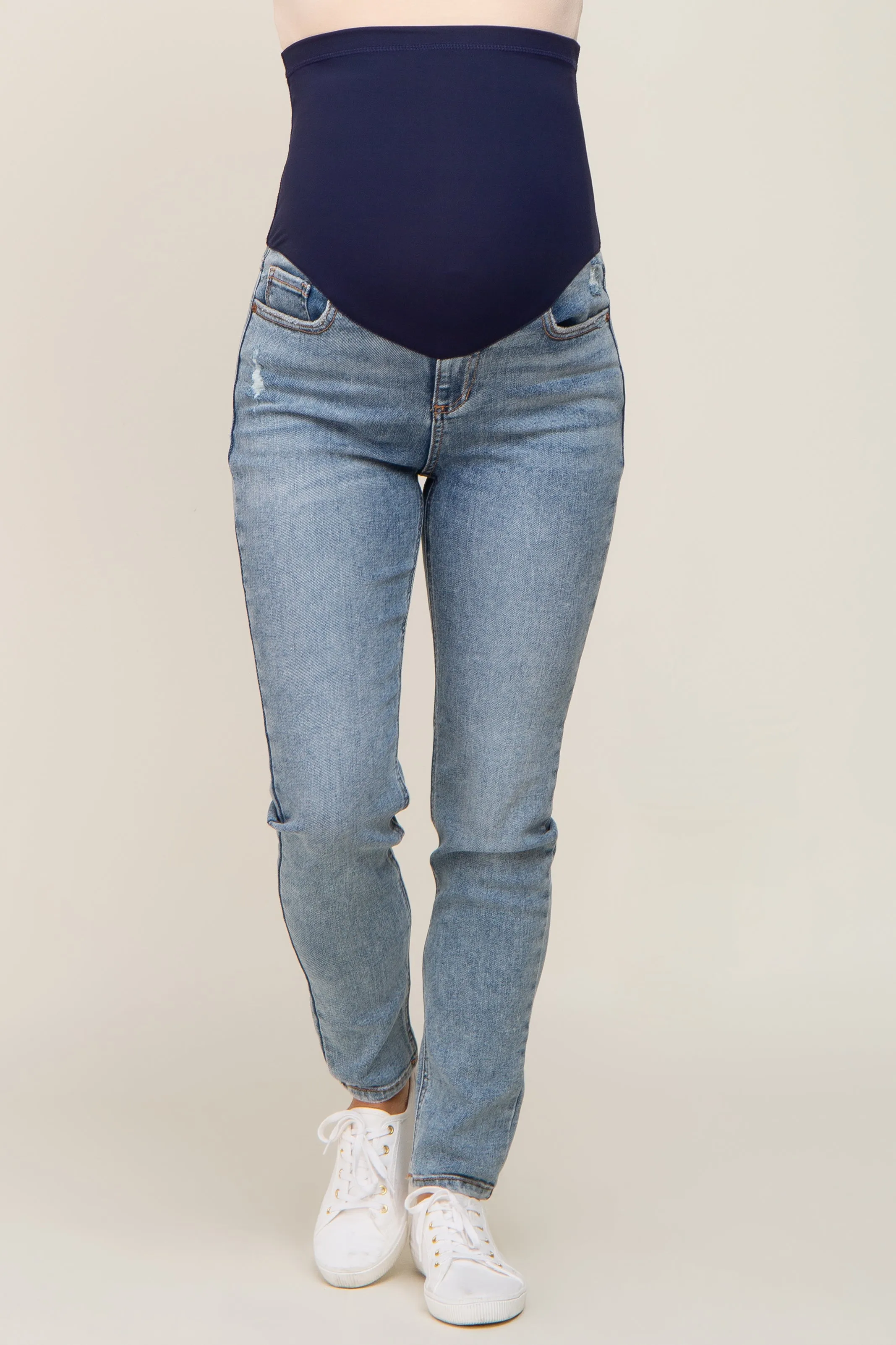 Light Blue Slightly Distressed Maternity Skinny Jeans sold by Pinkblush product image thumbnail 2