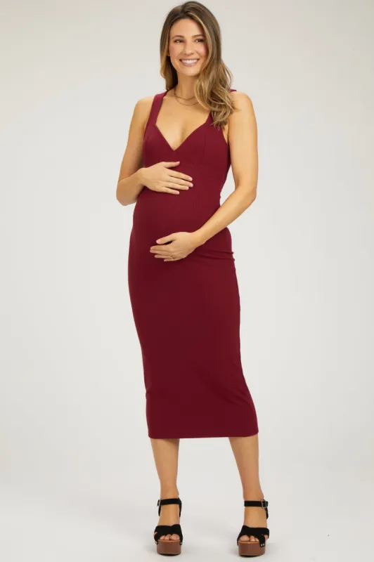 Burgundy Ribbed Sweetheart Neck Maternity Midi Dress sold by Pinkblush