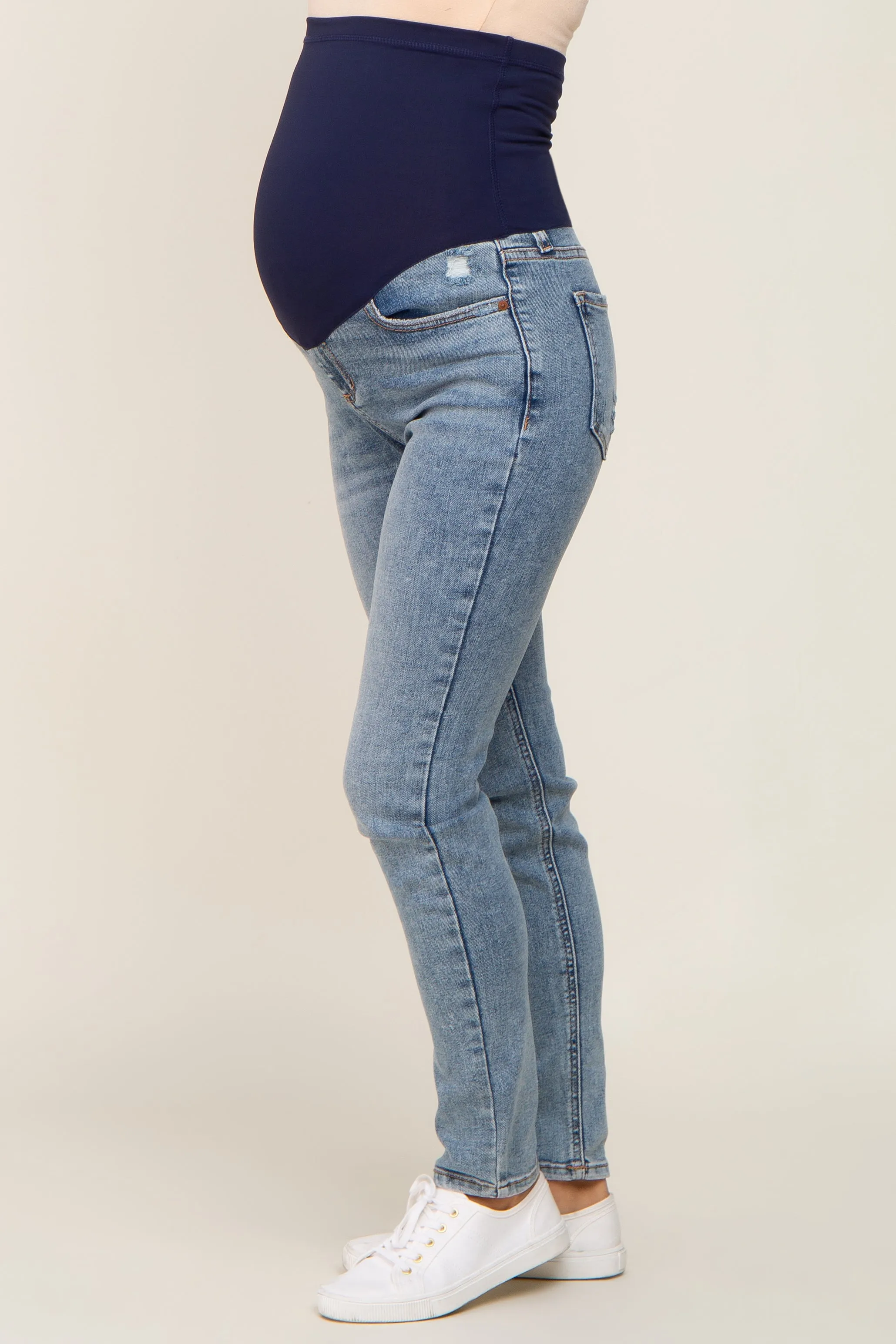 Light Blue Slightly Distressed Maternity Skinny Jeans sold by Pinkblush product image thumbnail 3