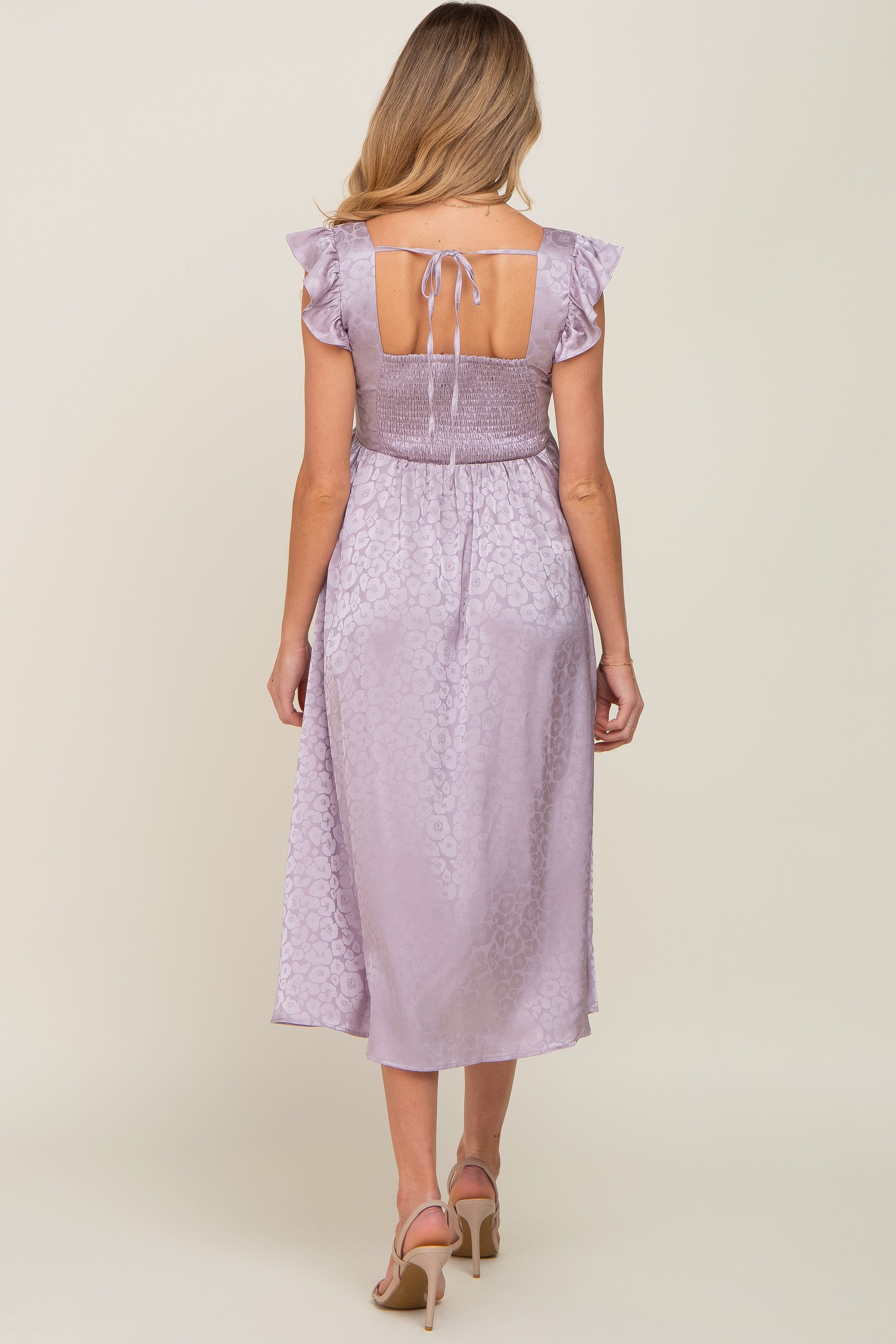 Lavender Satin Floral Square Neck Ruffle Strap Maternity Midi Dress sold by Pinkblush product image thumbnail 3