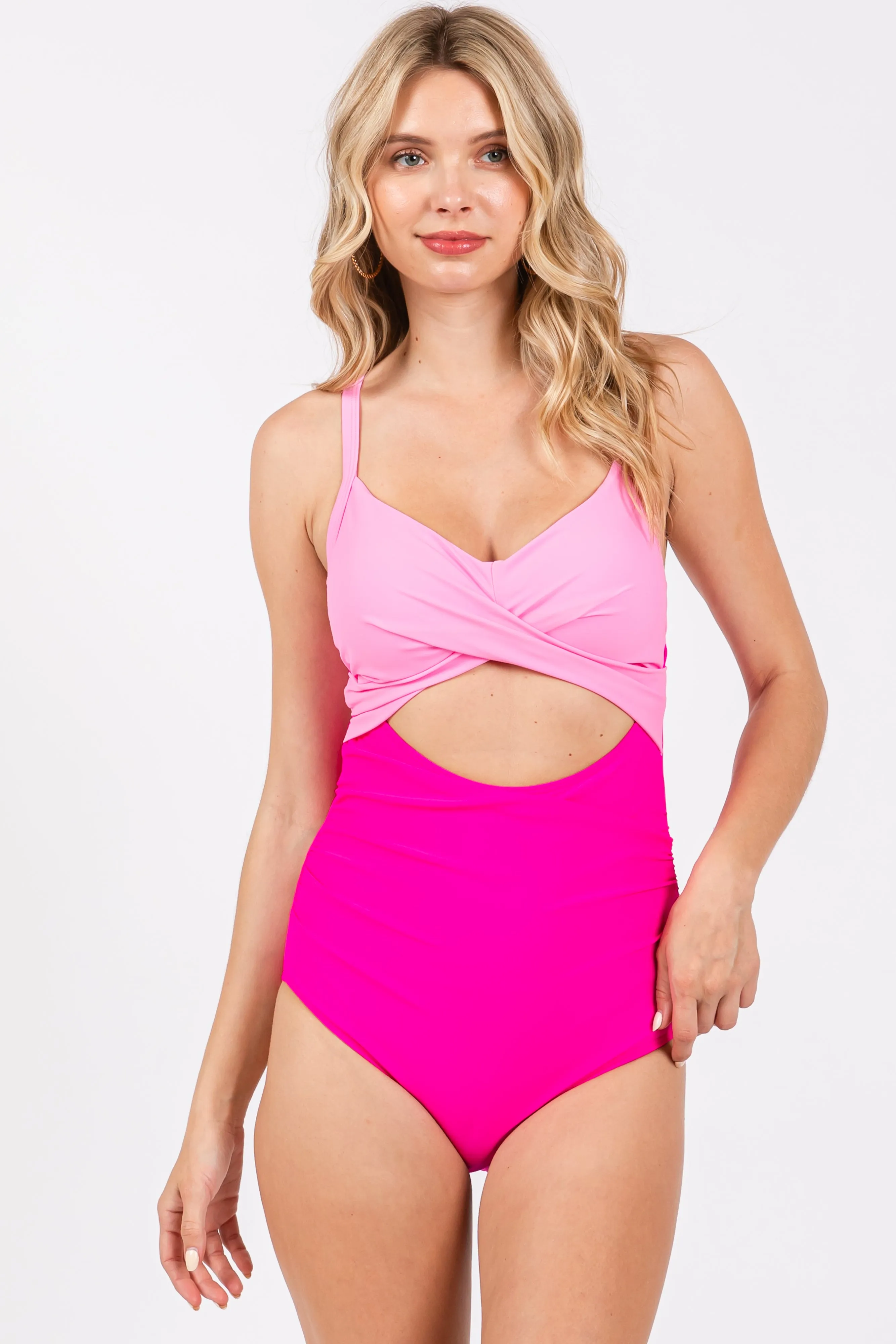 Pink Color Block Wrap Front Cutout One Piece Swimsuit sold by Pinkblush