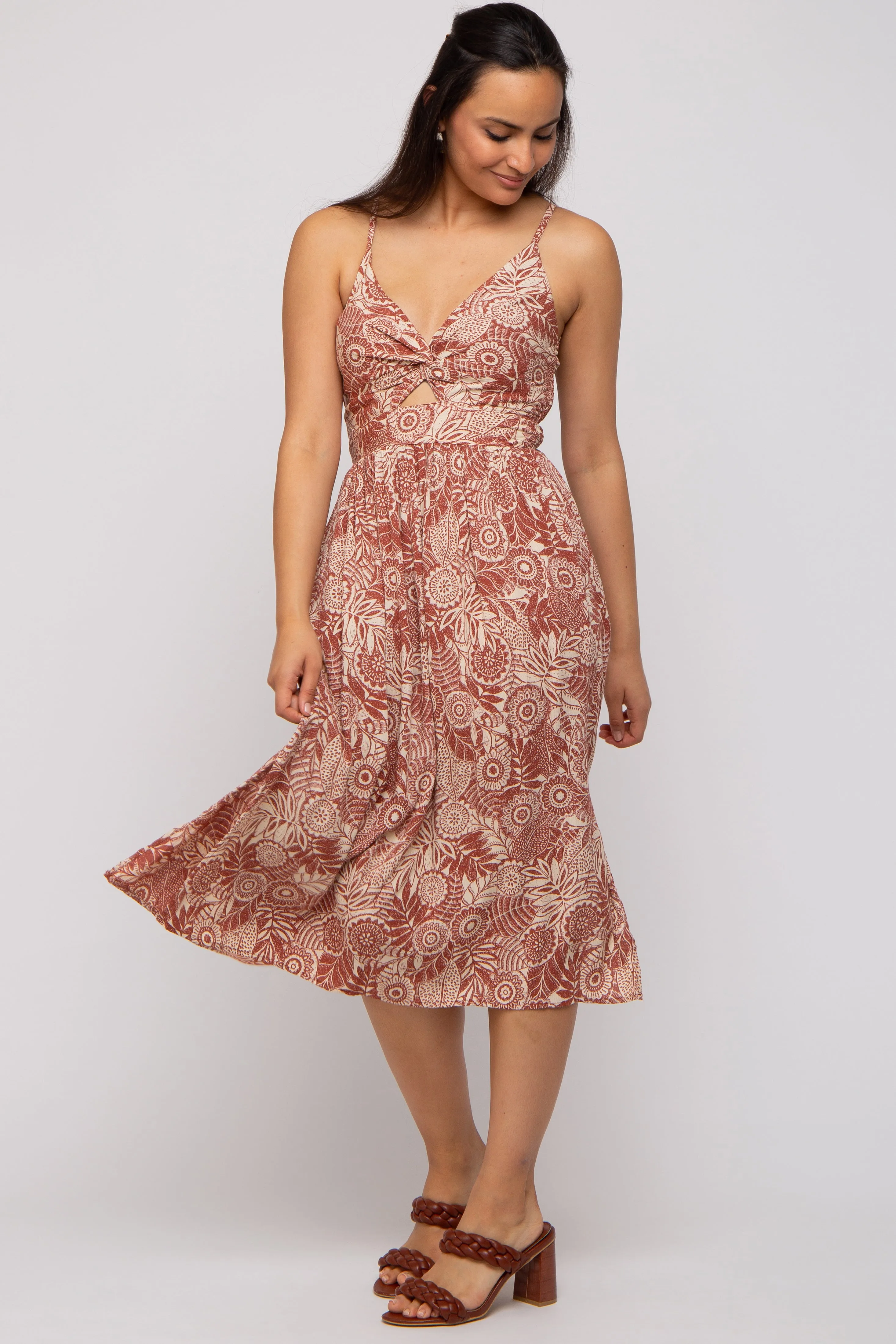 Rust Floral Front Cutout Side Slit Midi Dress sold by Pinkblush