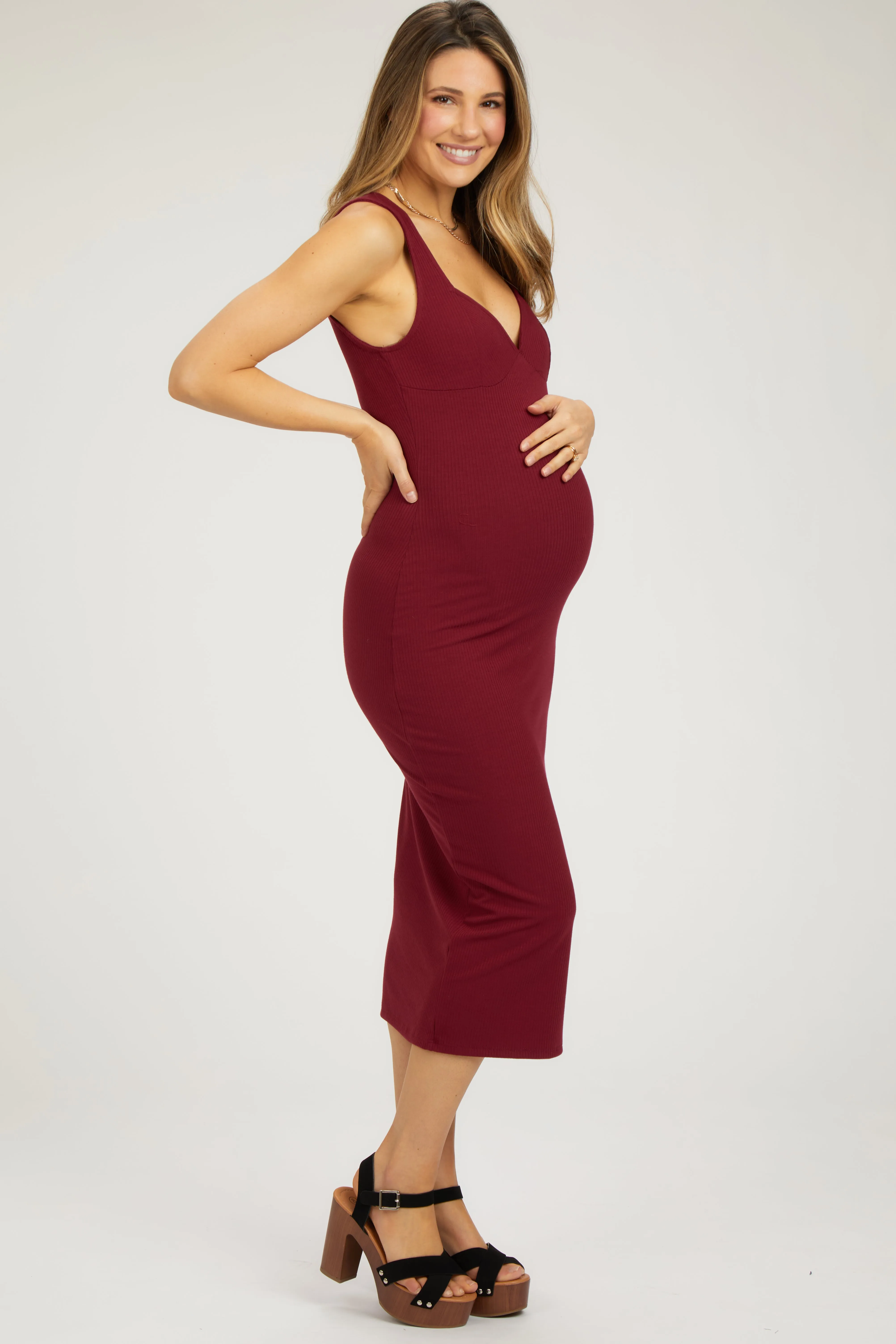 Burgundy Ribbed Sweetheart Neck Maternity Midi Dress sold by Pinkblush product image thumbnail 2