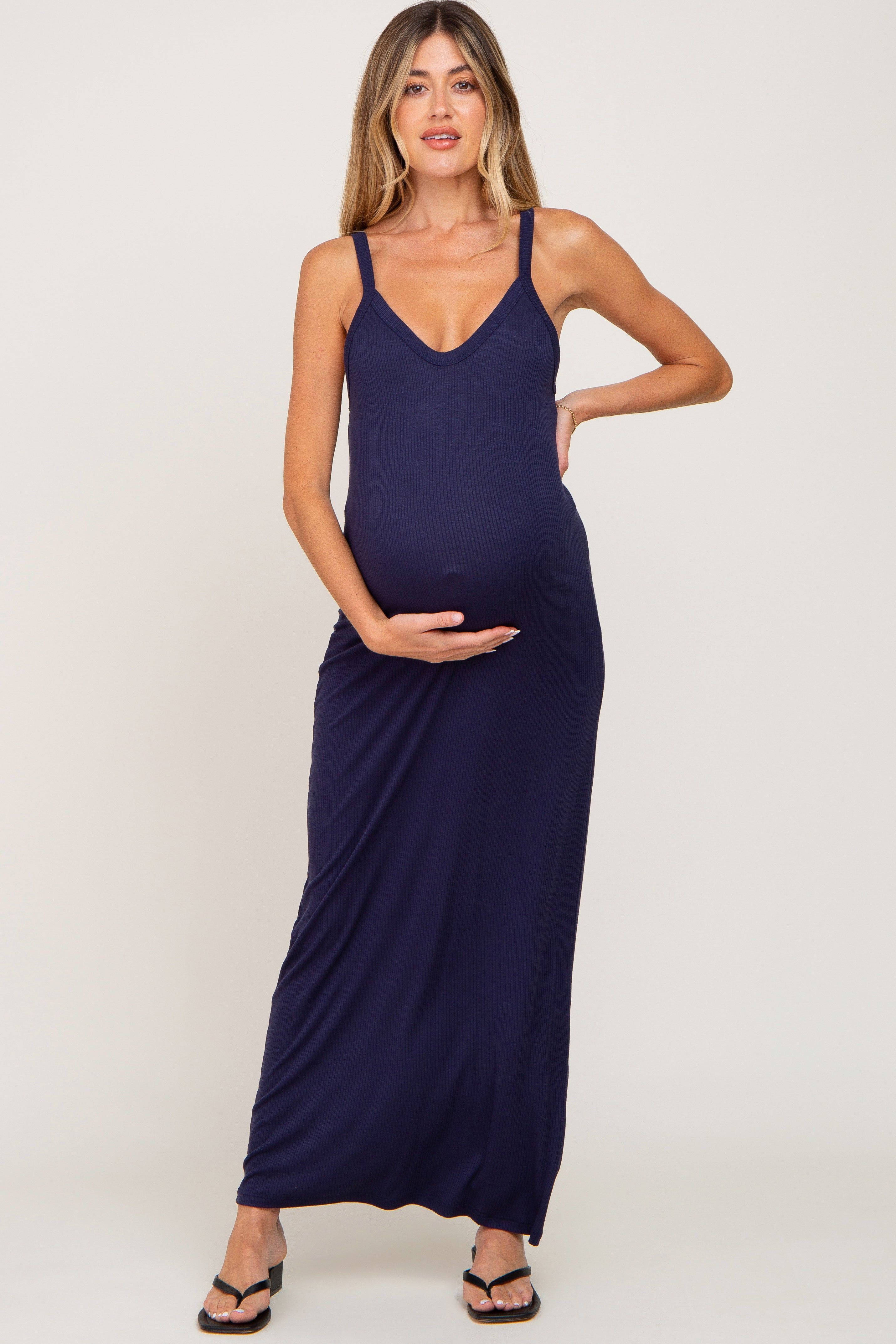 Navy Ribbed Basic Maternity Maxi Dress sold by Pinkblush