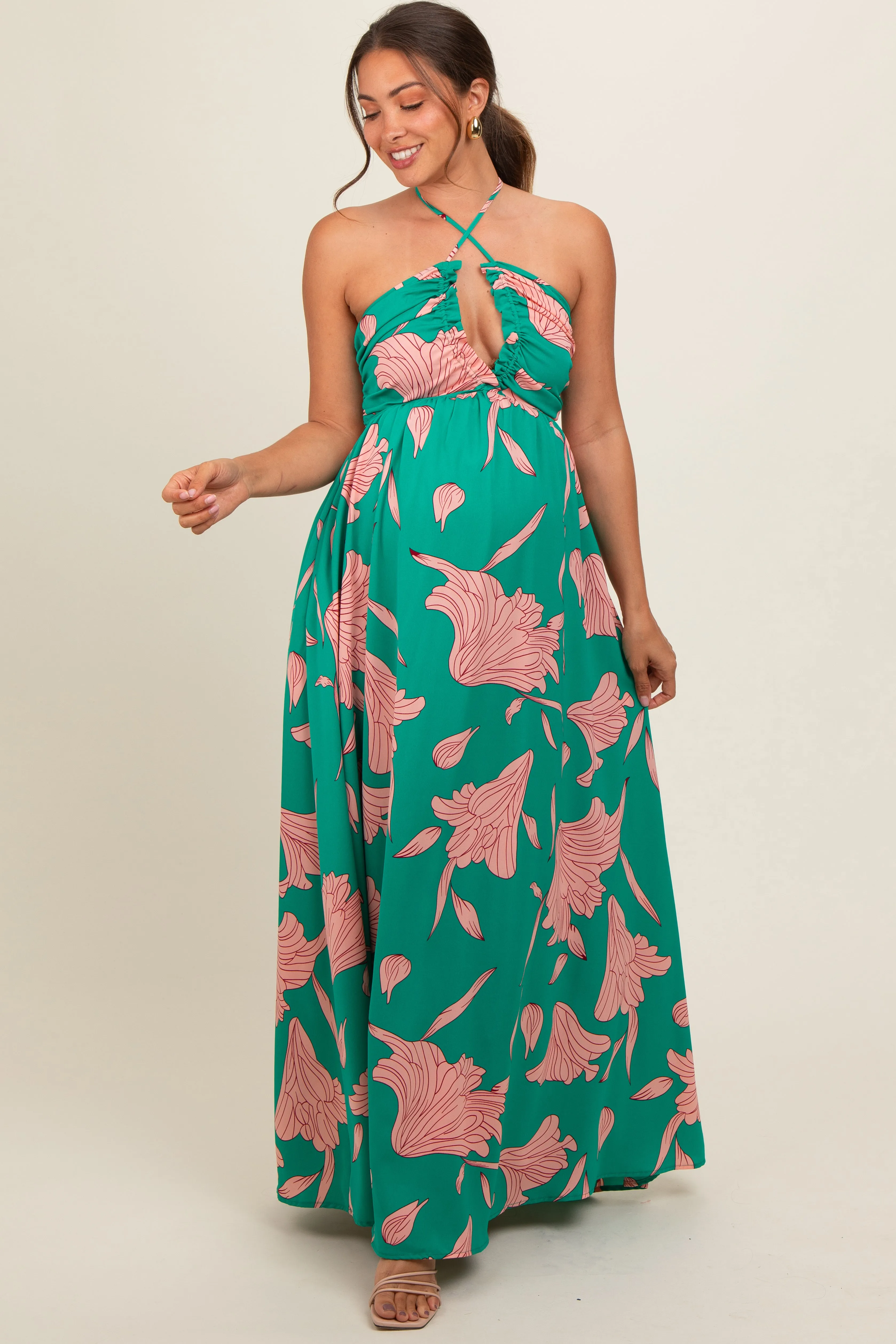 Green Floral Chiffon Front Ruched Halter Maternity Maxi Dress sold by Pinkblush product image thumbnail 2