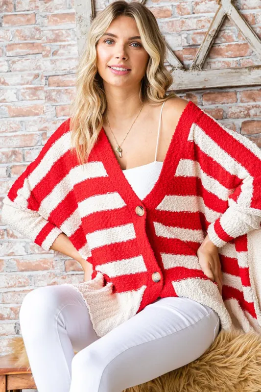 Red Textured Knit Striped Oversized Cardigan sold by Pinkblush