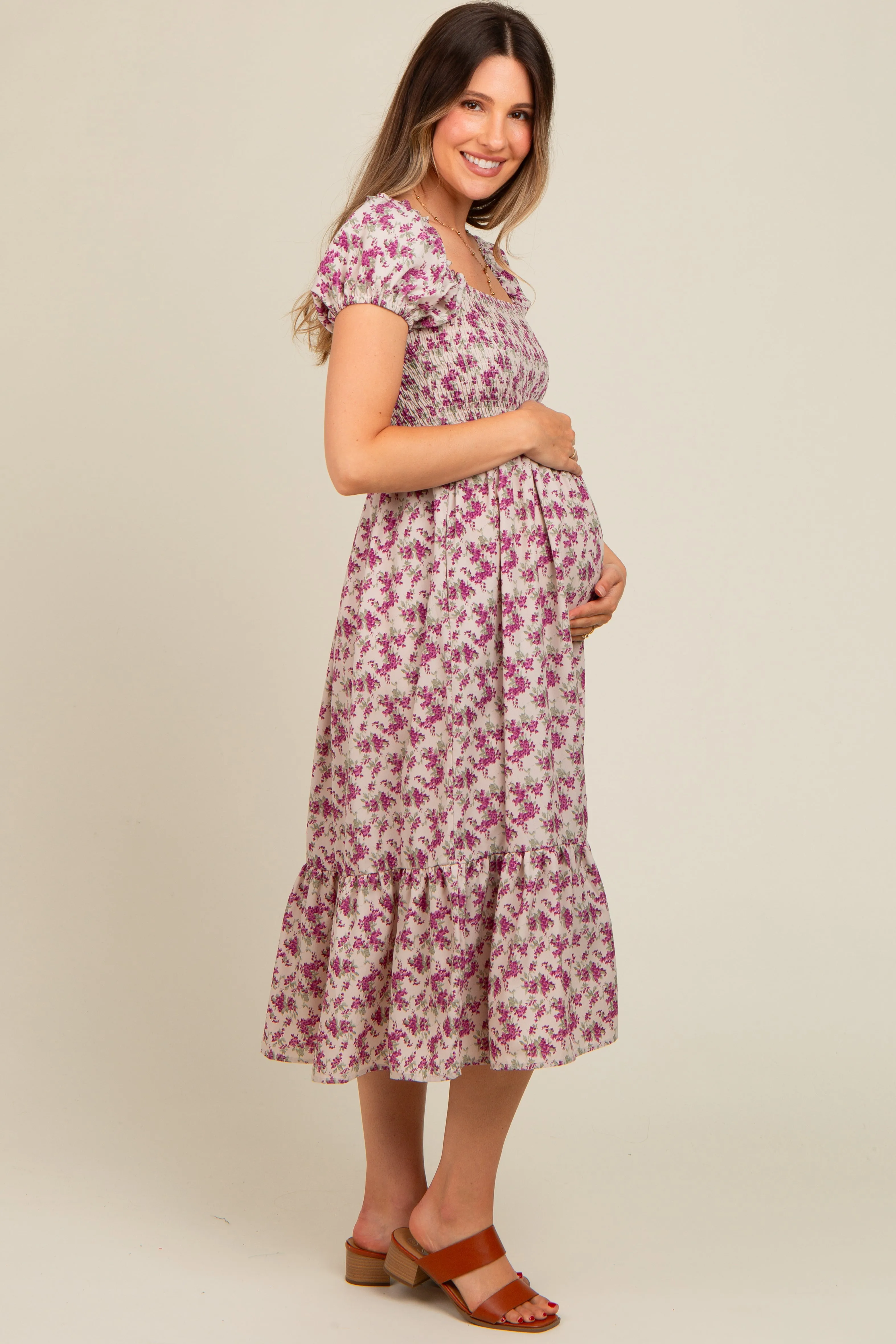 Magenta Floral Smocked Ruffle Hem Maternity Midi Dress sold by Pinkblush product image thumbnail 2