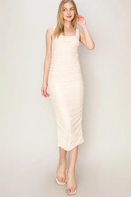 Cream Mesh Ruched Bodycon Midi Dress sold by Pinkblush