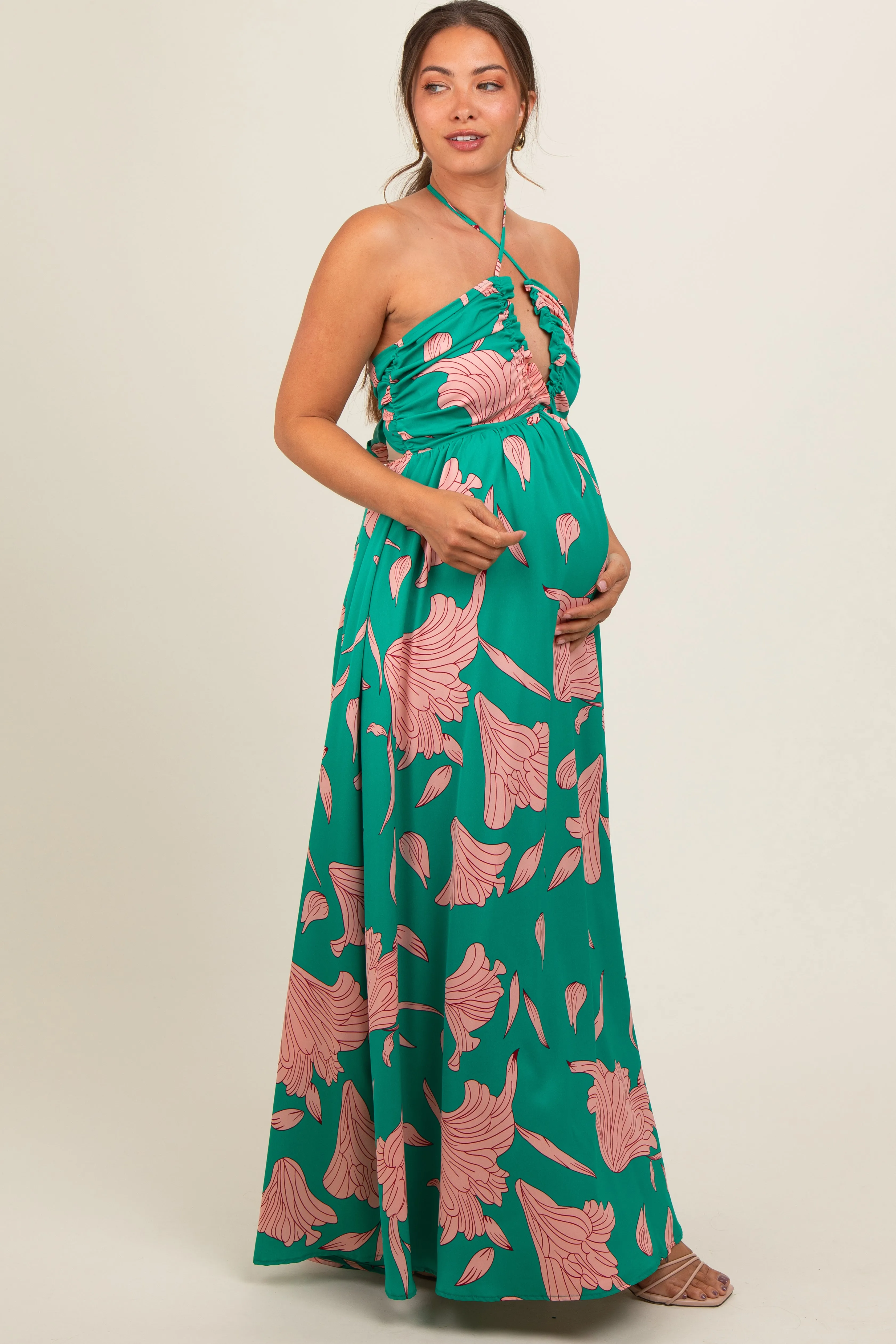 Green Floral Chiffon Front Ruched Halter Maternity Maxi Dress sold by Pinkblush product image thumbnail 3