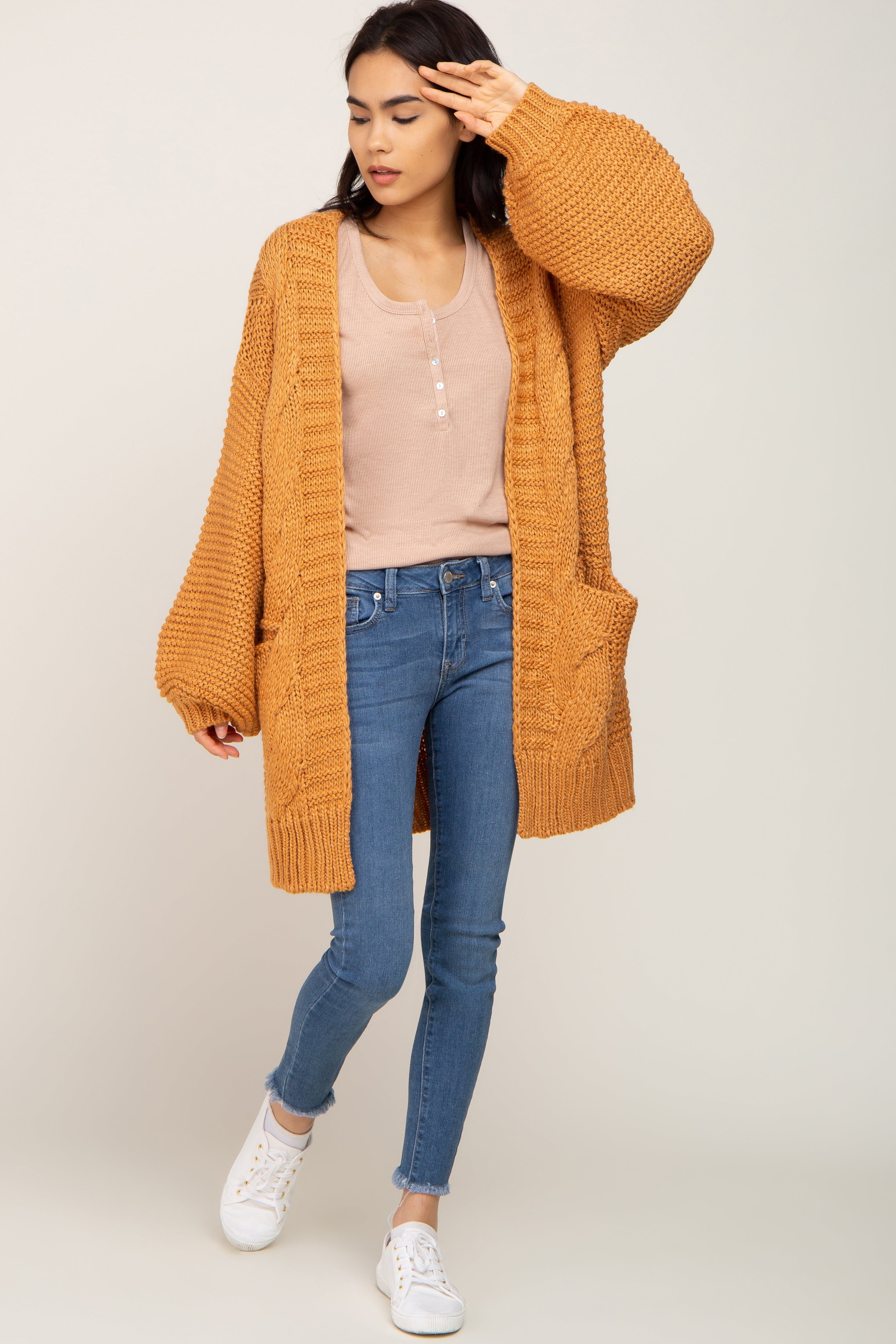 Camel Cable Knit Front Pocket Cardigan sold by Pinkblush product image thumbnail 4