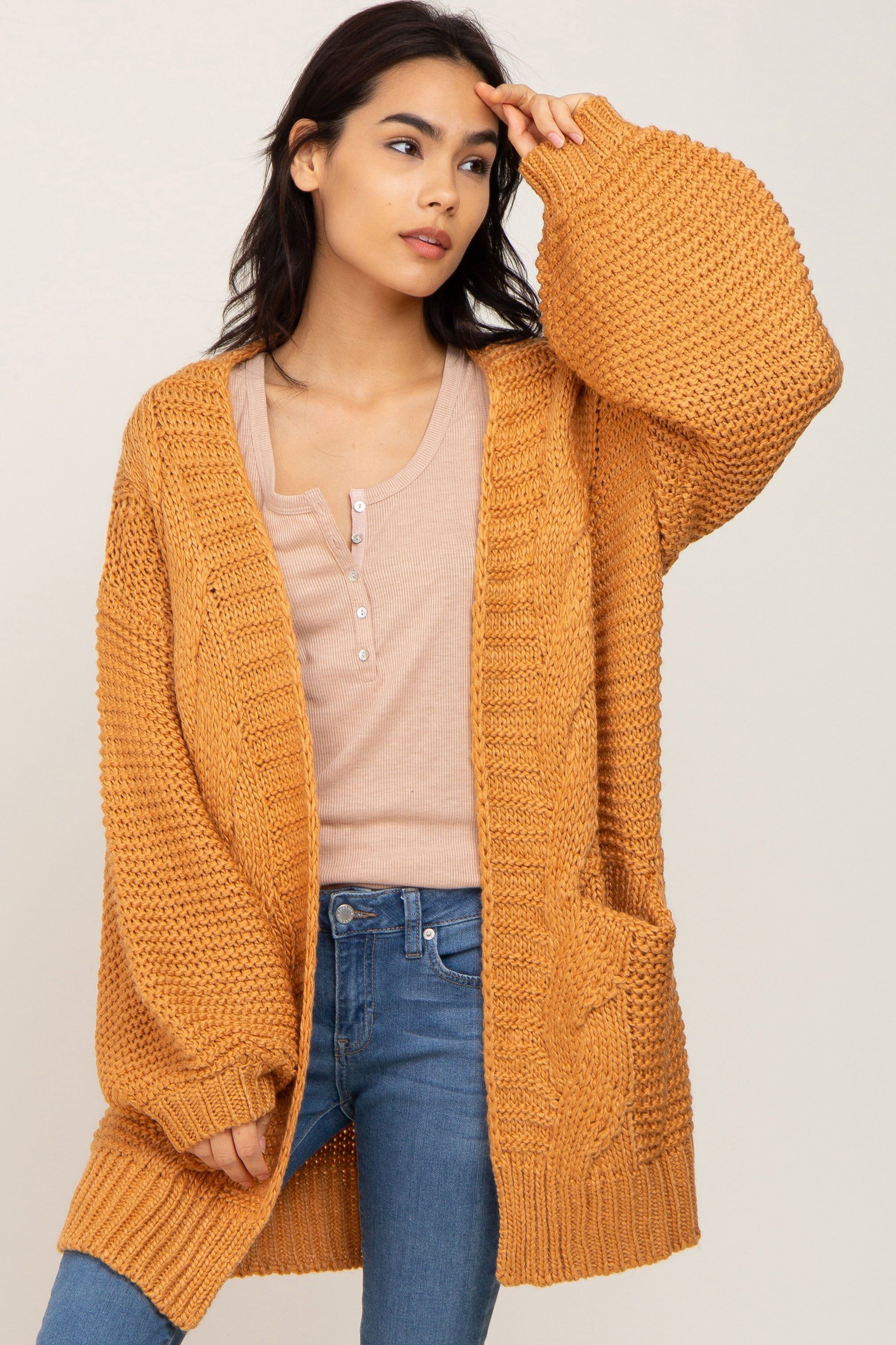 Camel Cable Knit Front Pocket Cardigan sold by Pinkblush