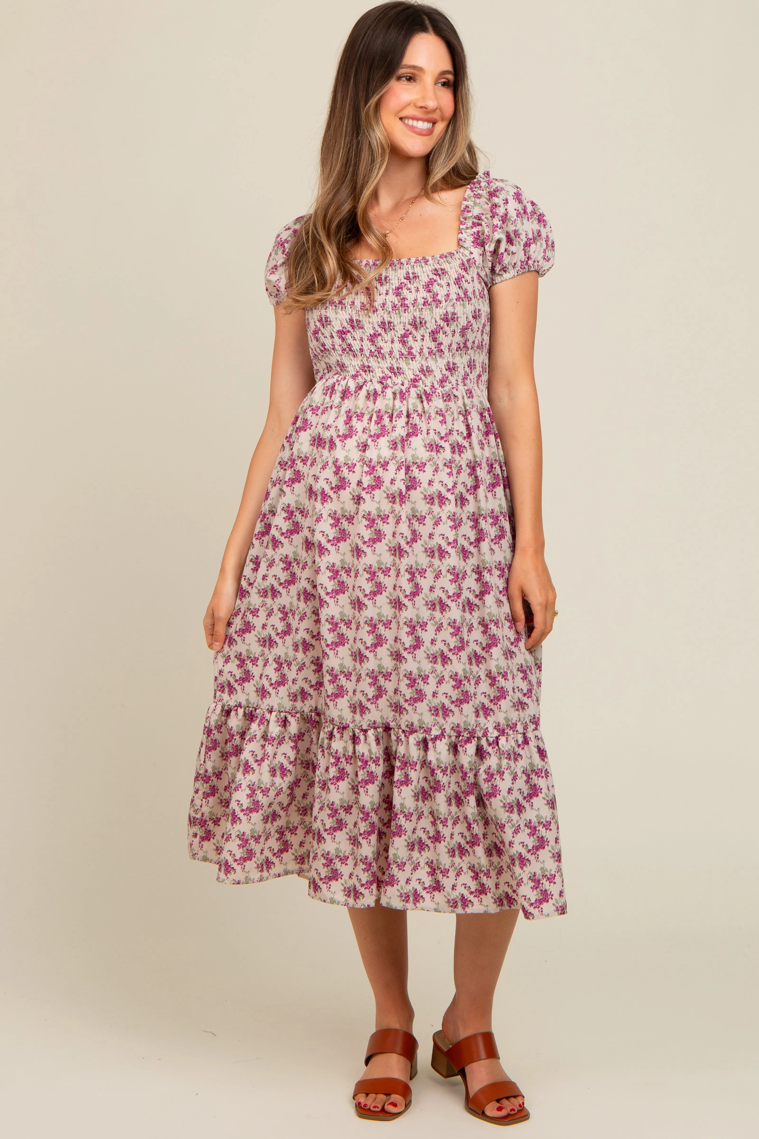 Magenta Floral Smocked Ruffle Hem Maternity Midi Dress sold by Pinkblush product image thumbnail 3