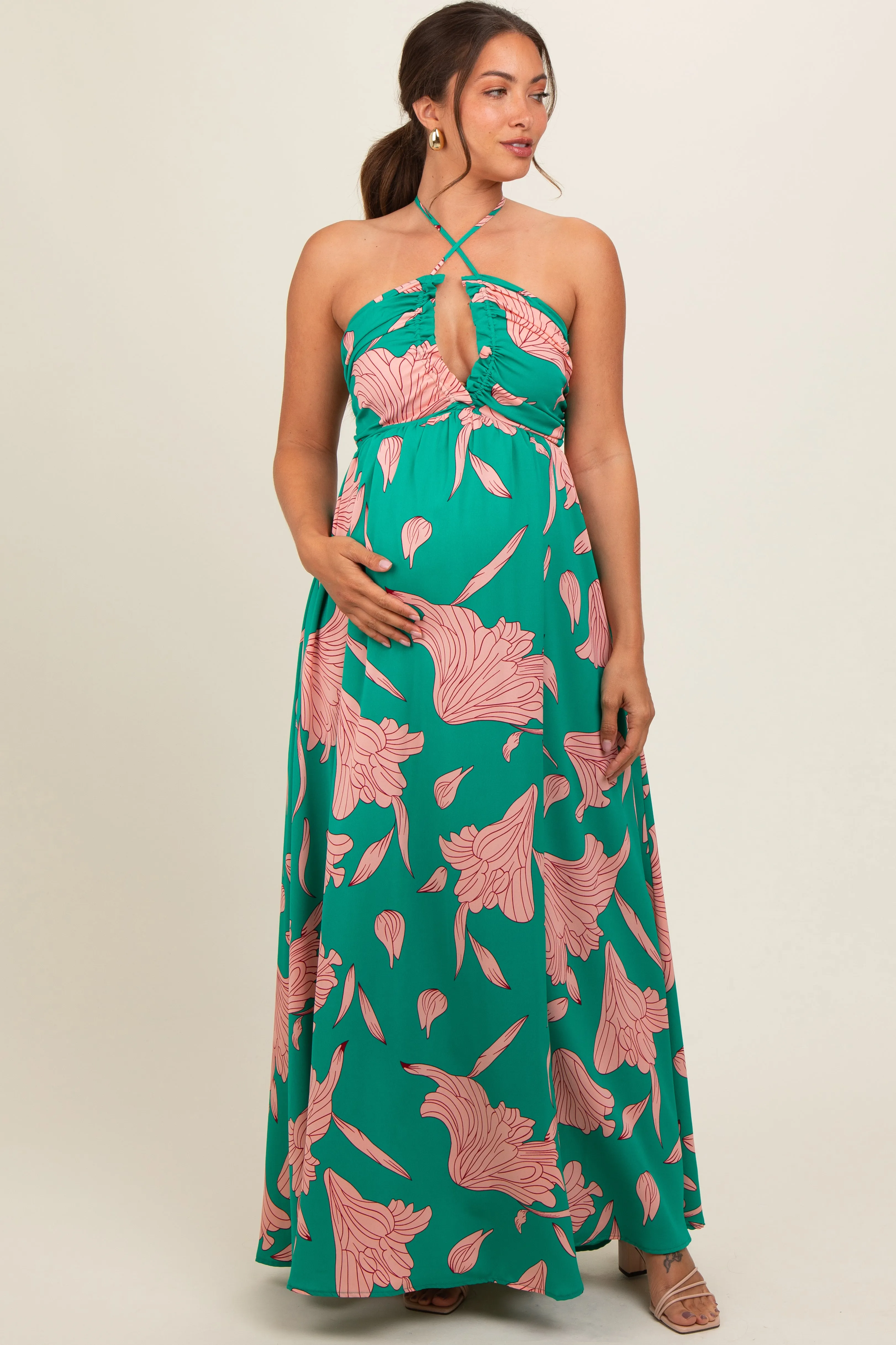 Green Floral Chiffon Front Ruched Halter Maternity Maxi Dress sold by Pinkblush
